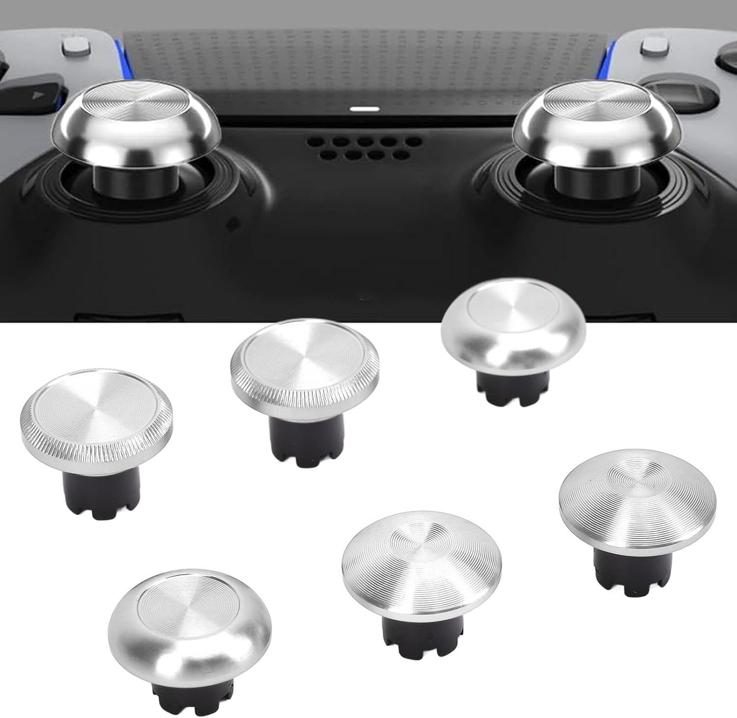 Stick Caps for PS5 Pro Elite, Aluminum Alloy Analog Thumbsticks Joystick Accessories with Textures for Edge Controller, Different Height Shape, Plug and Play (Silver) - Black image number 2