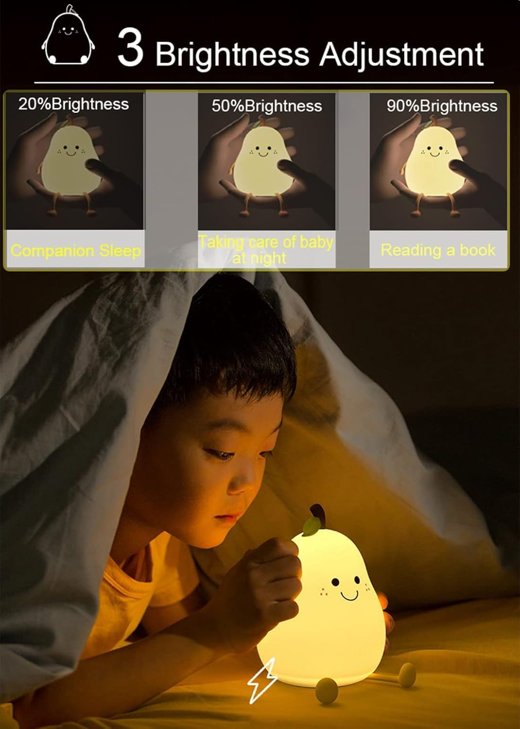 Night Light for Kids, Cute Silicone Pear Lamp,Super Squishy Silicone USB Rechargeable Touch Control 7 Colors Night Lamp, Kids Room Decor,Yellow (Pear)