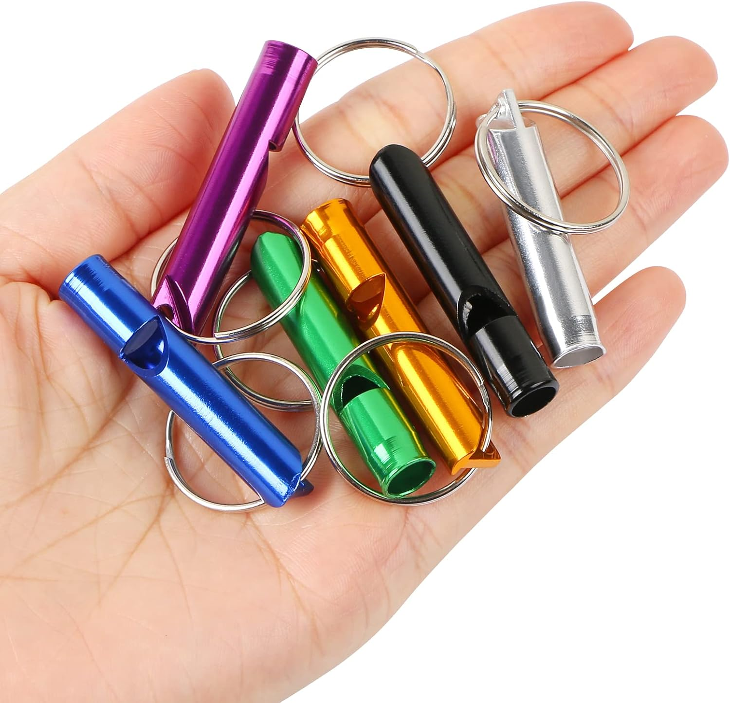MIDELONG 6 Pcs Emergency Whistle with Key Chain, Aluminum Extra Loud Safety Survival Whistle Keychain for Outdoor Sports Camping Hiking Boating Hunting, 6 Colors image number 1