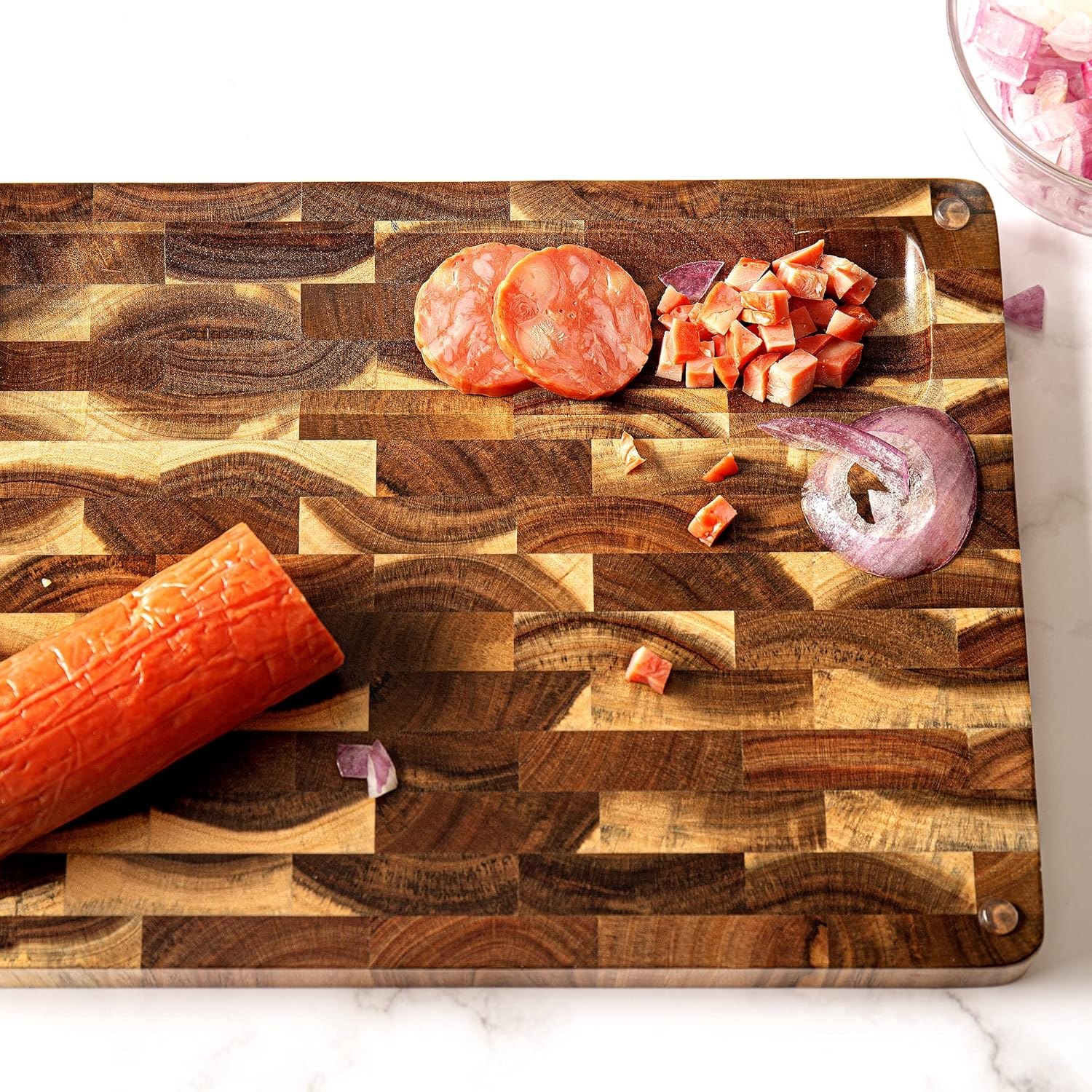 TJ POP End Grain Acacia Wood Chopping Board for Kitchen, Reversible Wooden Cutting Board with Built-In Handles, Thick Butcher Block with Juice Groove, Charcuterie Board for Cheese, Bread, 38*28*3 CM - Octagonal Checkerboard image number 2