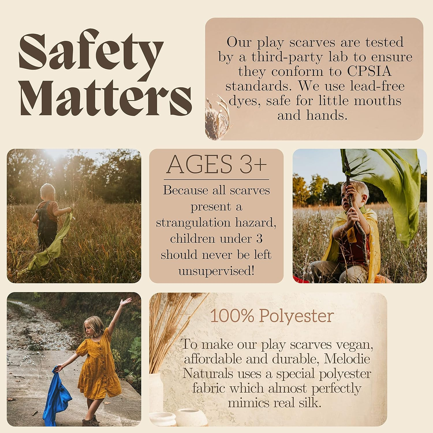 Melodie Naturals Play Scarves &ndash; Fun and Colorful Dress up Scarves for Kids &ndash; Ideal for Montessori and Waldorf Activities &ndash; 7Pc Vegan Play Silks