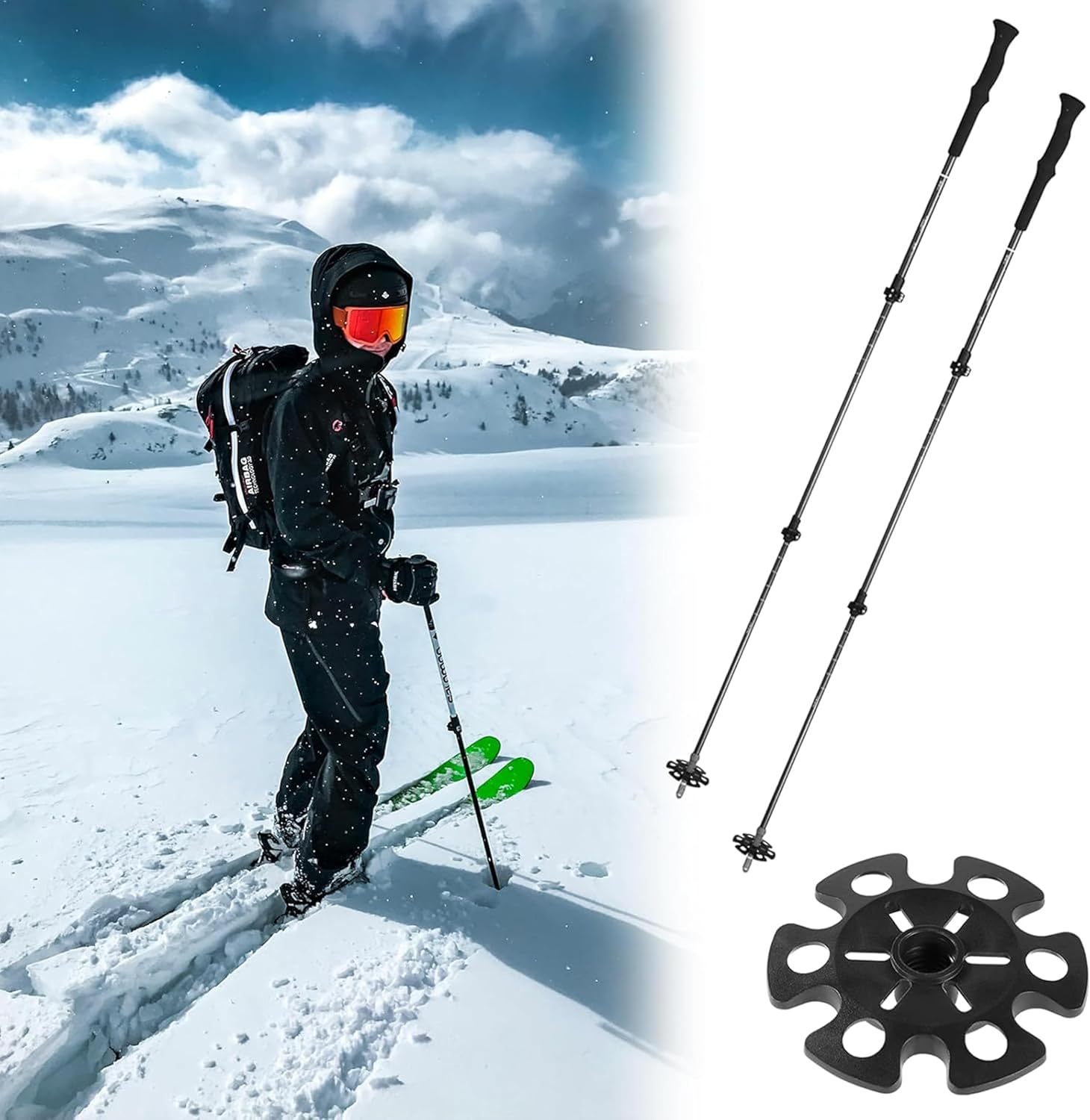 6-Piece Removable Mud Ski Basket Set for Trekking Poles - Snow and Sand Baskets with Rubber Mud Ski Walking Stick Cap Guard Replacement - Essential Hiking Accessory in Black image number 5