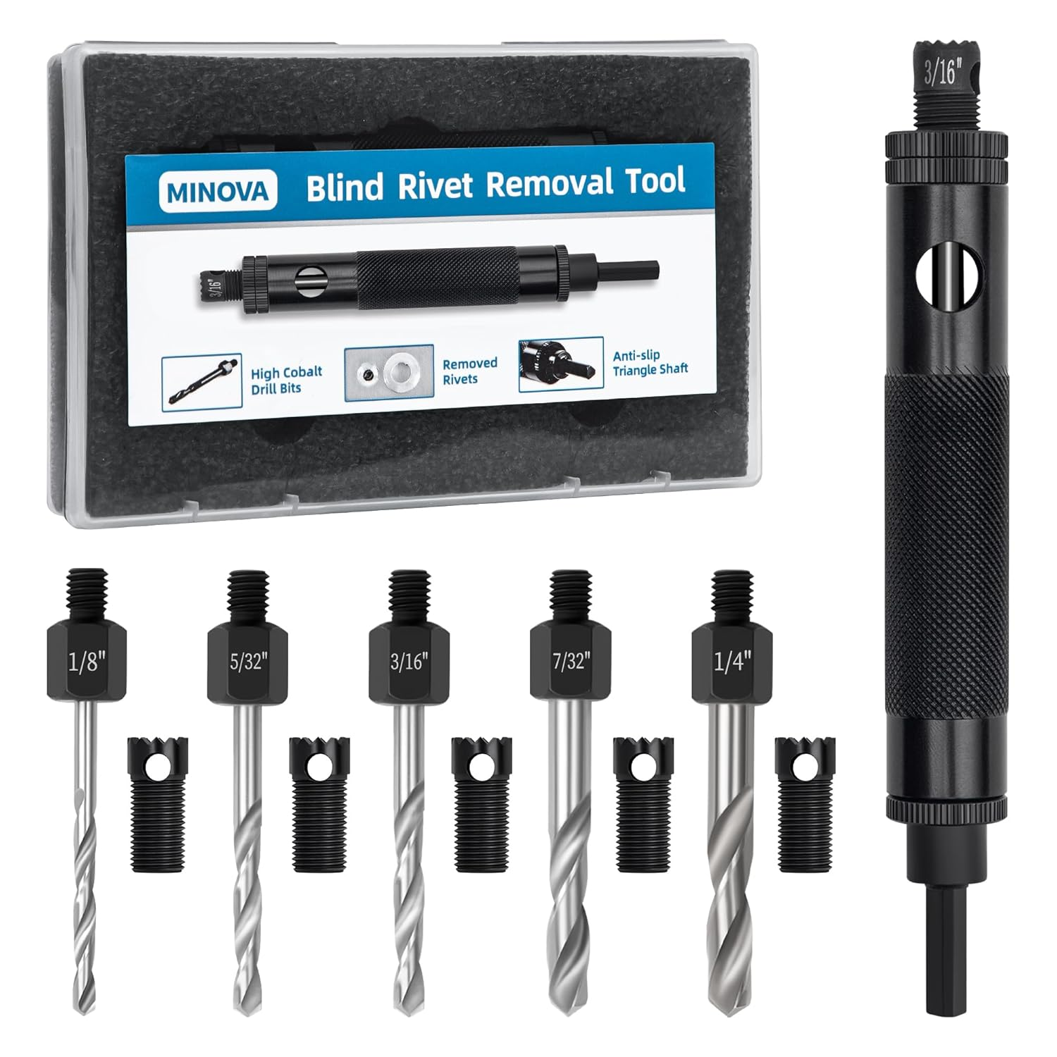 Minova Rivet Removal Tool, High Cobalt Rivet Removal Drill Bit, Suitable for Durable and High-Frequency Use with Standard and Stainless Steel 1/8", 5/32", 3/16", 7/32",1/4" Rivets image number 3