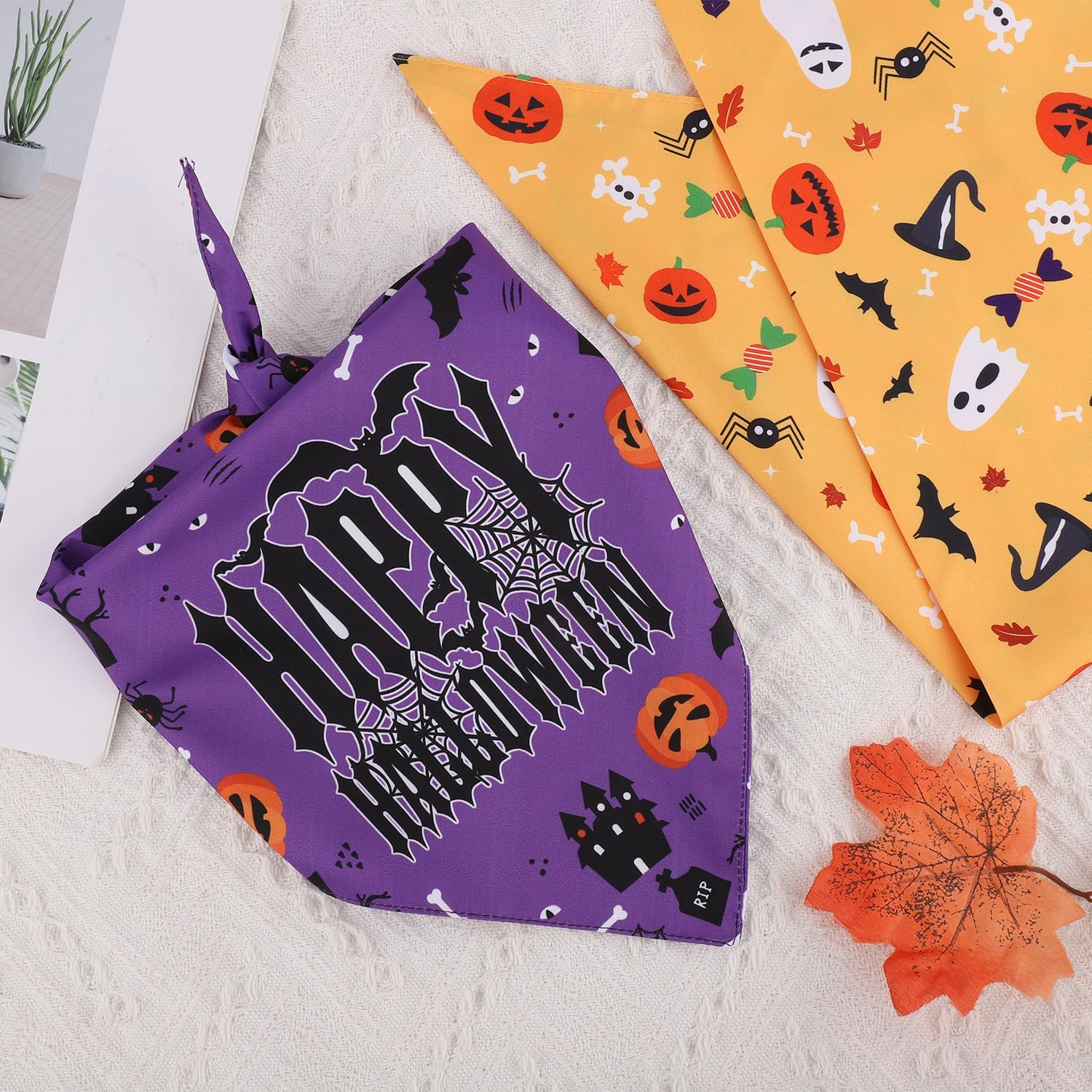 2Pcs Halloween Dog Bandanas, 2 Colors Halloween Triangle Dog Scarf Double-Sided Reversible Puppy Bandana Pet Halloween Costume Triangle Bibs for Small Medium Dogs image number 2