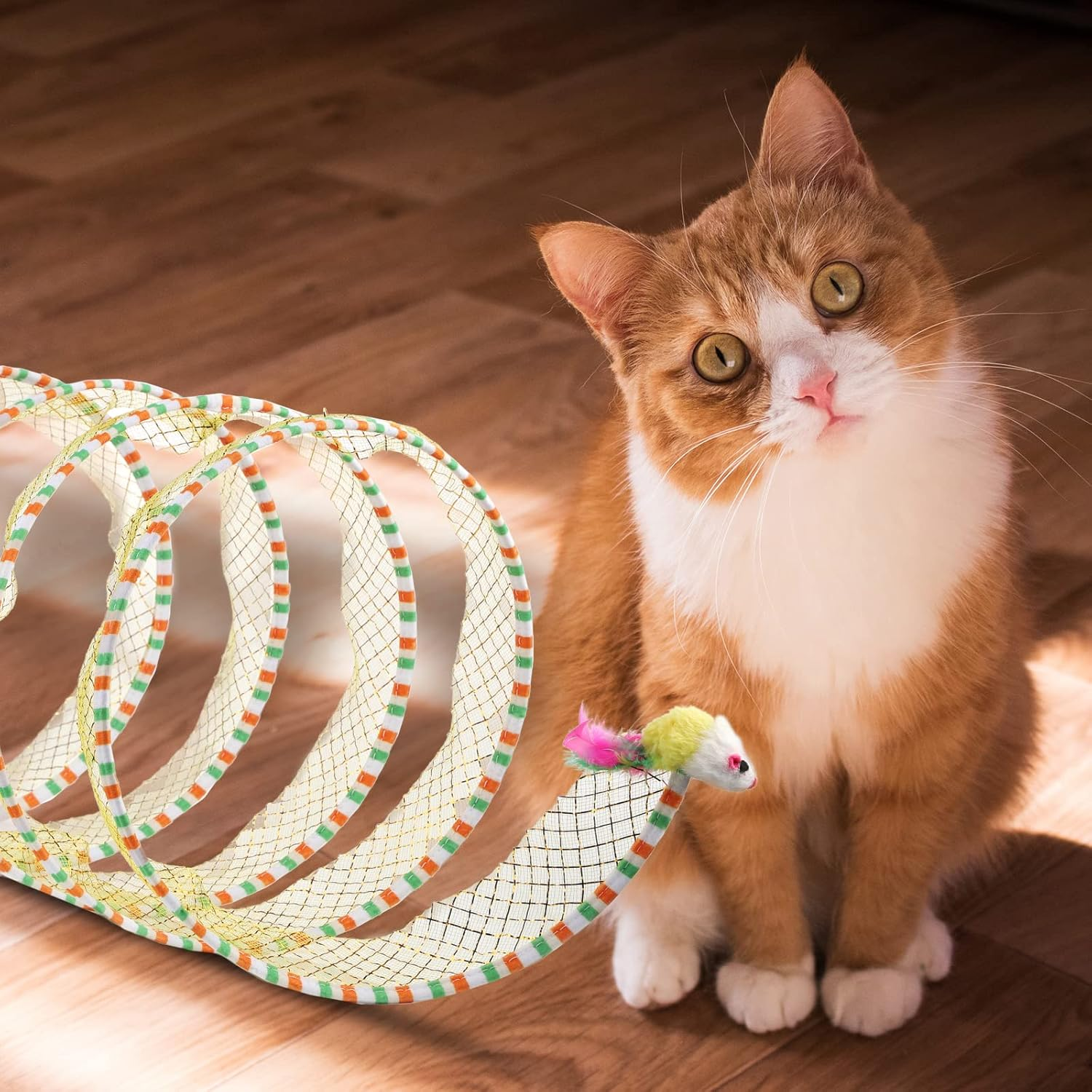 2Pcs, Folded Cat Tunnel Spring, 10In Large Size Portable Cat Toy Spiral Tunnel, with Synthetic Feather and Toy Mouse Tunnel Spring Outdoor Puppy Kitten Generic (Striped Yellow, Purple) image number 1