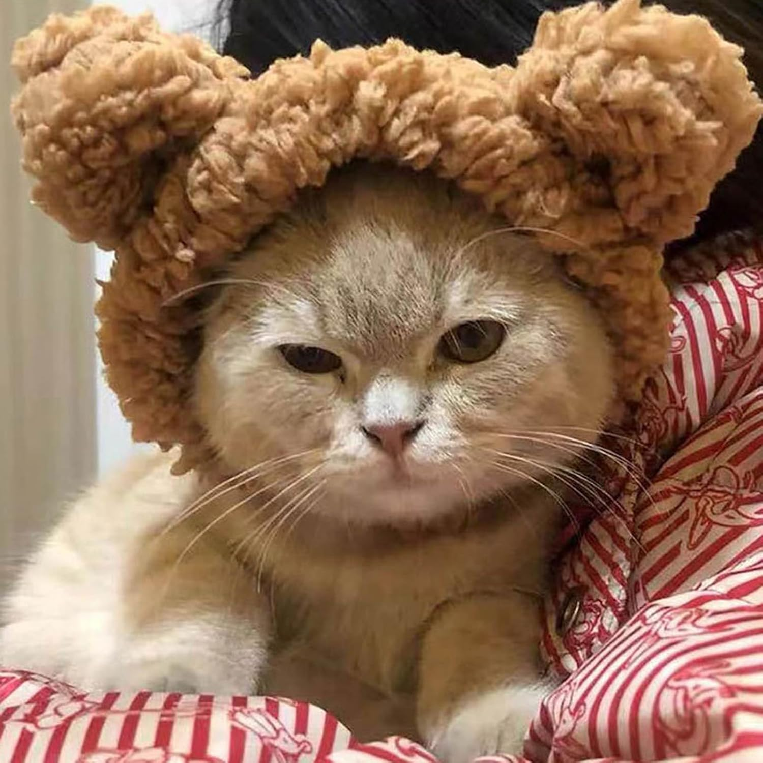 Cat Hat with Bear Ears Cute Cat Costume Bear Hat Adjustable Soft Plush Pet Headband Dress up Party Headwear Accessories for Small Puppy Dog Kitten (Brown) image number 3