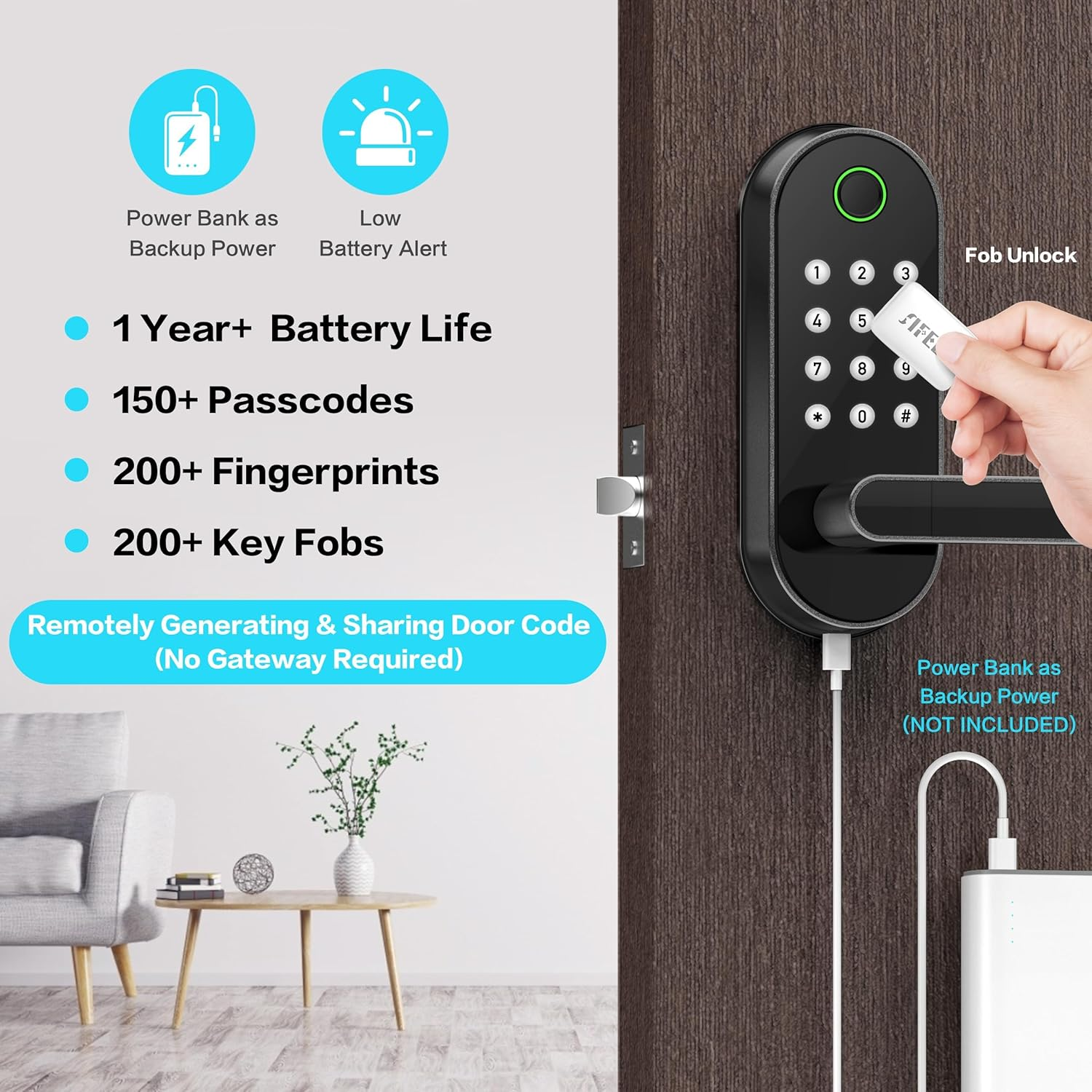 Smart Lock, Keyless Entry Door Lock with Fingerprint, Biometric, Keypad, Digital Features for Front Door (Black) image number 3
