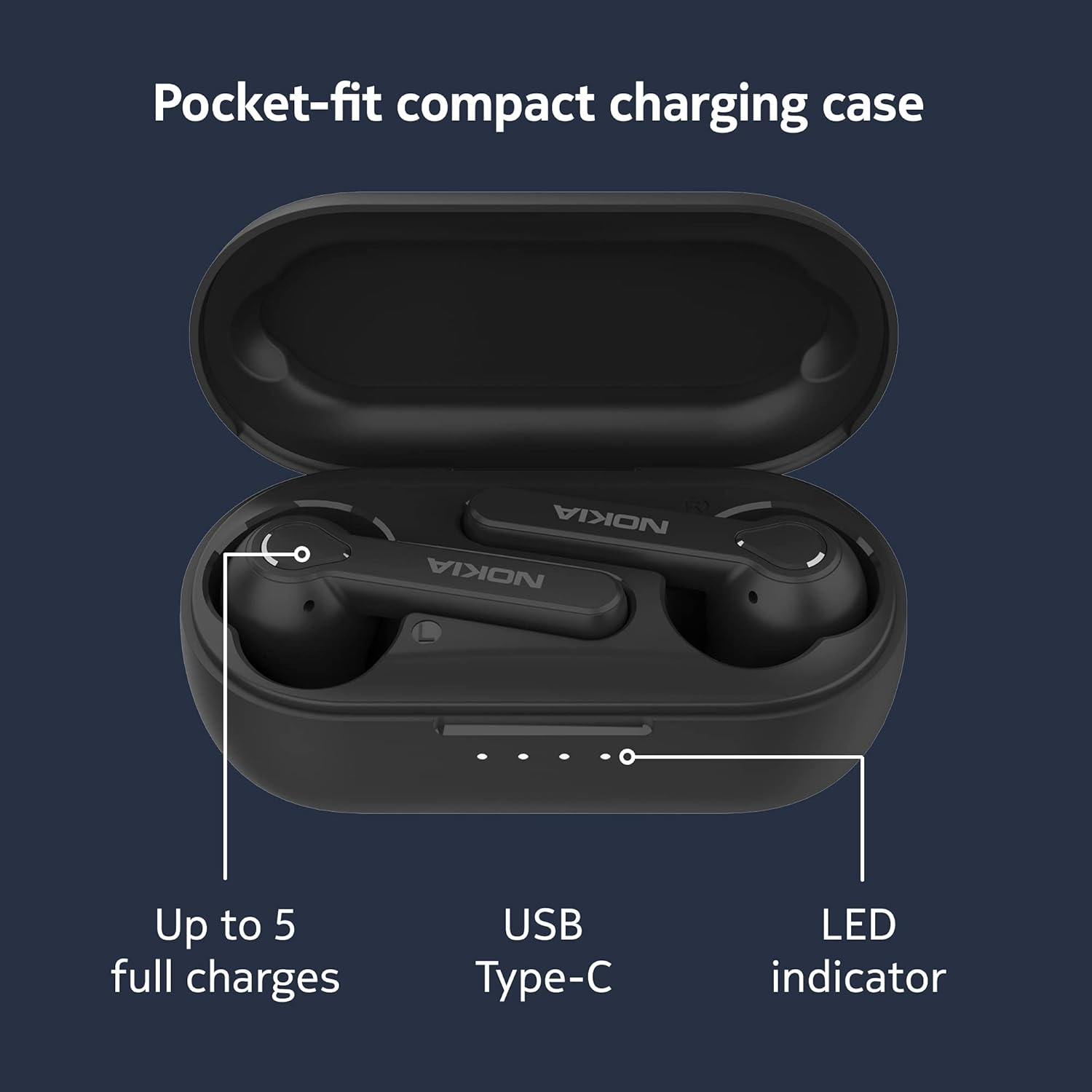Nokia Lite Earbuds (Genuine Nokia Product) 2021 Universal Bluetooth Earphones with Audio, Charging Case, up to 36 Hours Battery, Easy Touch Controls, Black Medium image number 3