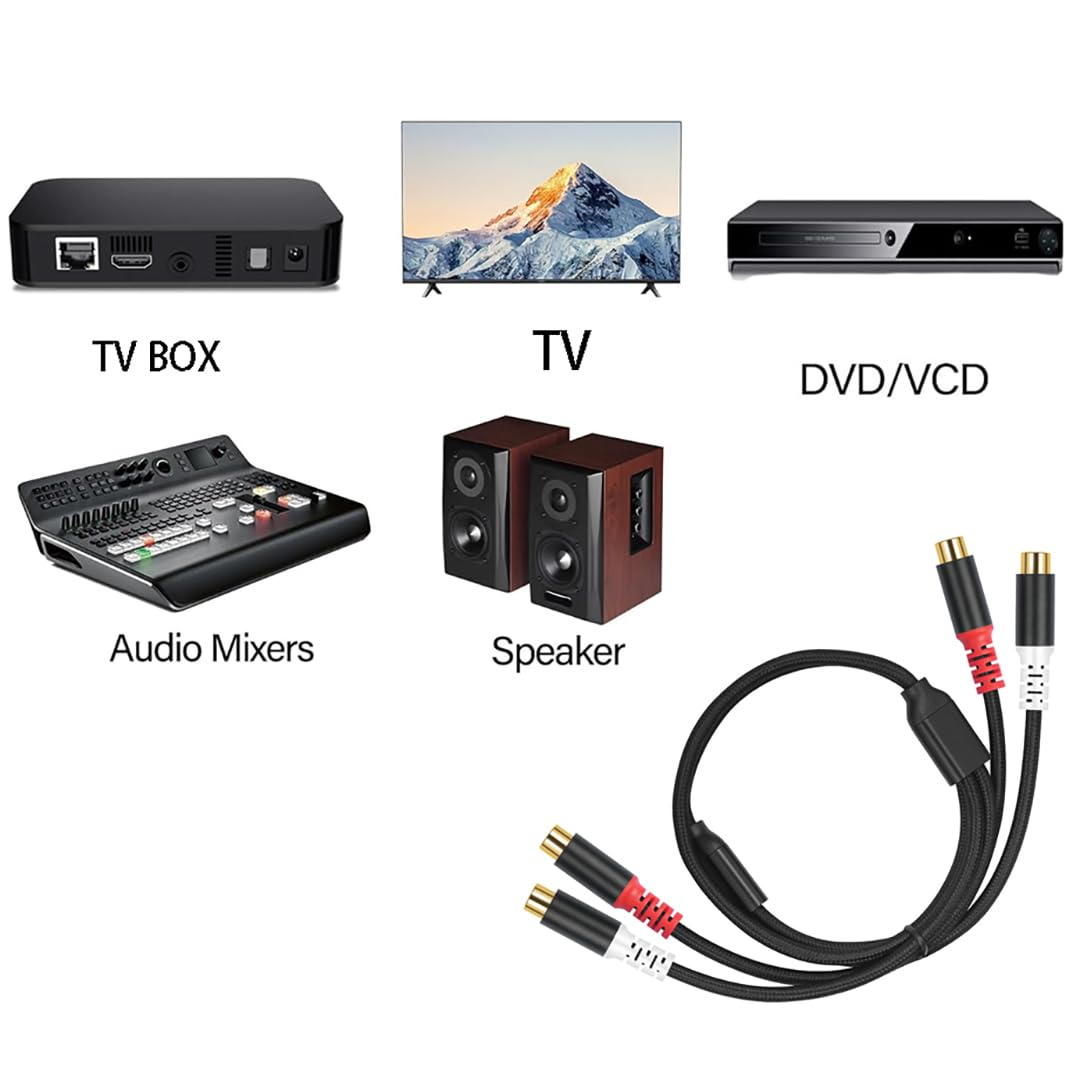 Hexchuang 2RCA Female to 2RCA Female Extension Cable Gold Plated RCA Audio Cable with Nylon Braid Audio Extension Cable for Home Theater, Receiver, Amplifier, Speaker 0.8M image number 2