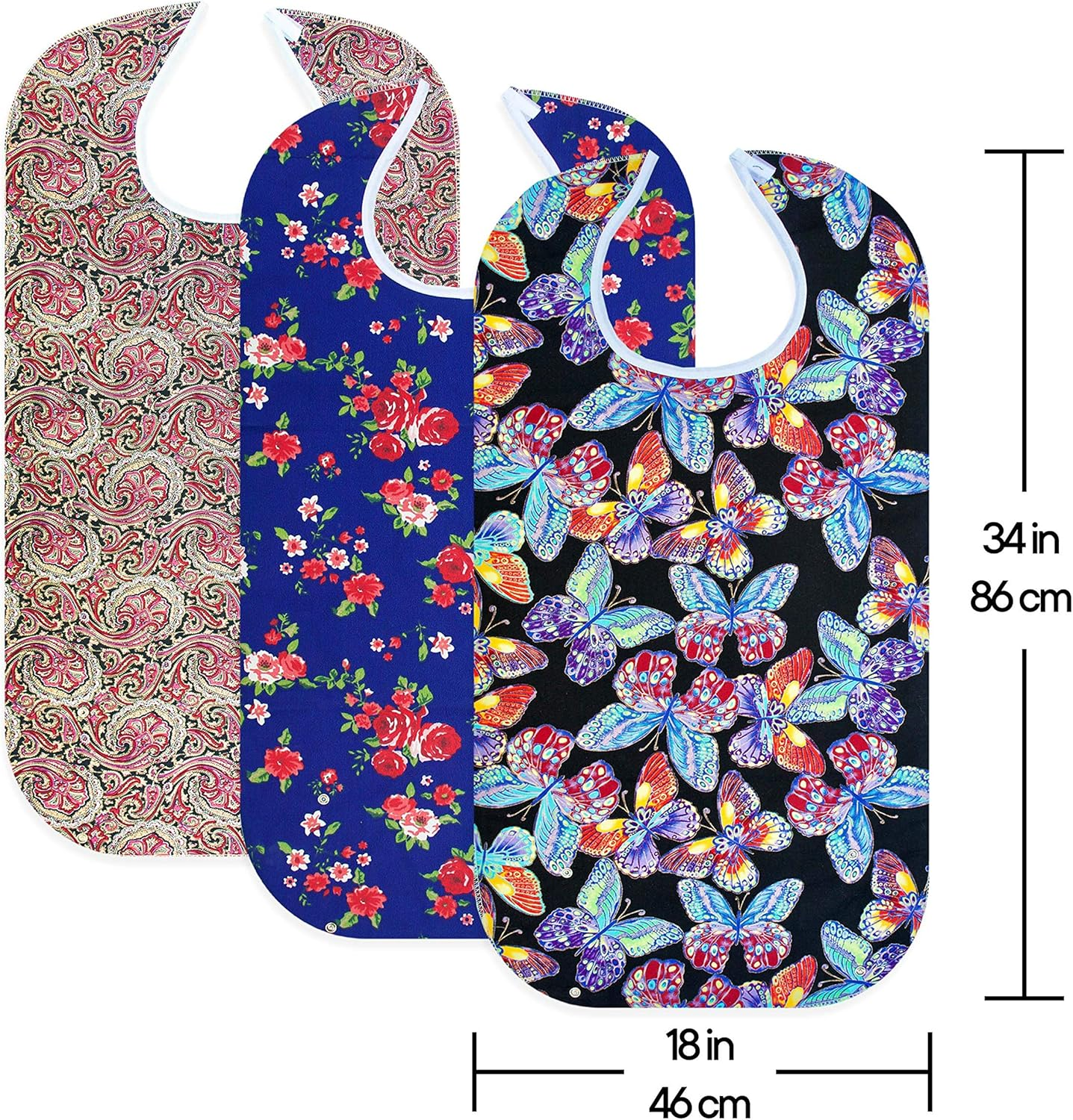 RMS 3 Pack Adult Bib Washable Reusable Waterproof Clothing Protector with Optional Crumb Catcher and Vinyl Backing 34"X18" (Butterfly/Blue Rose/Heritage) image number 2
