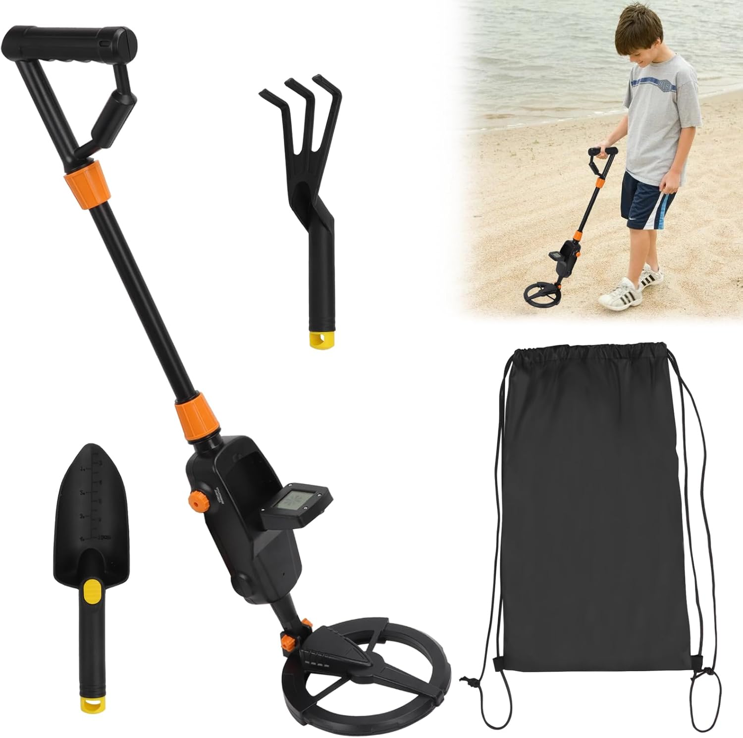 Metal Detector Kit for Kids, Kids Metal Detector with 7.6" Waterproof Coil and LCD Display Lightweight Gold Detector Kit with Trowel Adjustable Beach Metal Detector for Junior Youth (Without Battery) image number 2