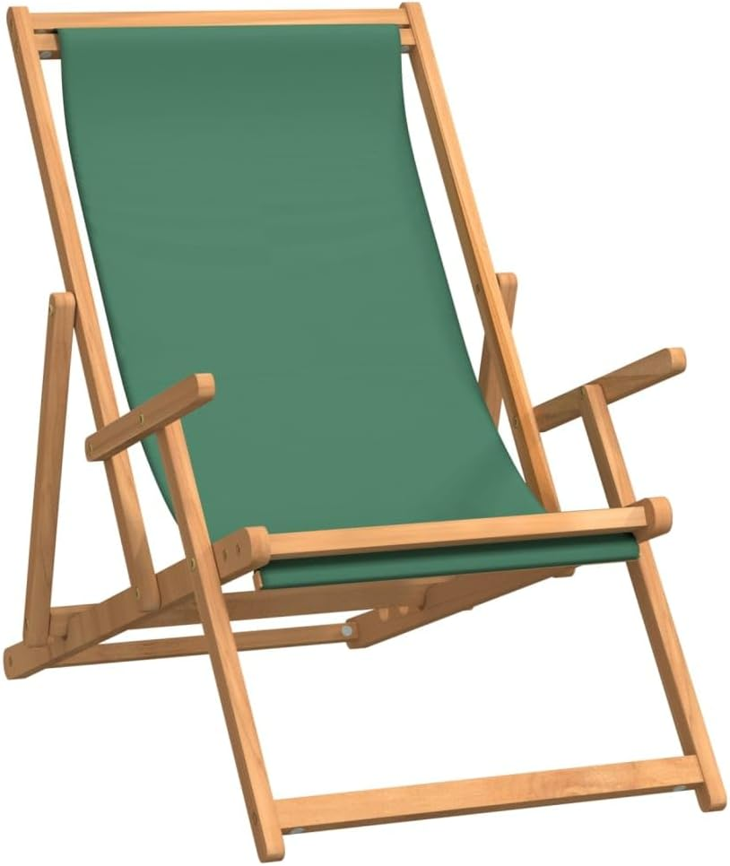 Vidaxl Folding Beach Chair in Grey, Solid Teak Hardwood, Ideal for Garden, Beach, Camping with Fabric Seat & Adjustable Backrest