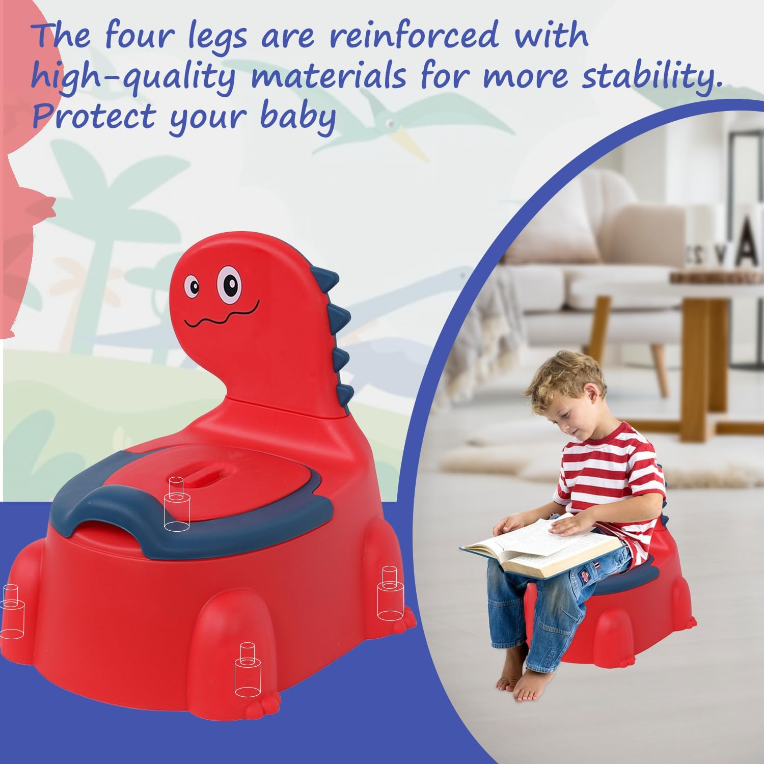 Dinosaur Potty Training Seat - Comfortable Toddler Potty Toilet Seat with Non-Slip Mat, Backrest & Soft Lid, Portable Potty Training Chair for Boys & Girls 1-6 Years, Safe Toddler Potty Chair (Red) image number 3