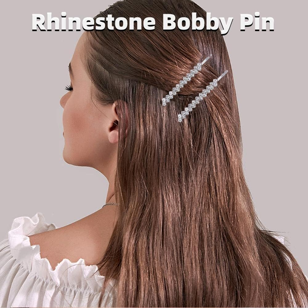 4 Pieces Rhinestone Bobby Pins Bling Crystal Metal Hair Clips Grips Slide Single Row Slim Diamante Rhinestone Bobby Pin for Brides Girls - Black / Gold image number 6