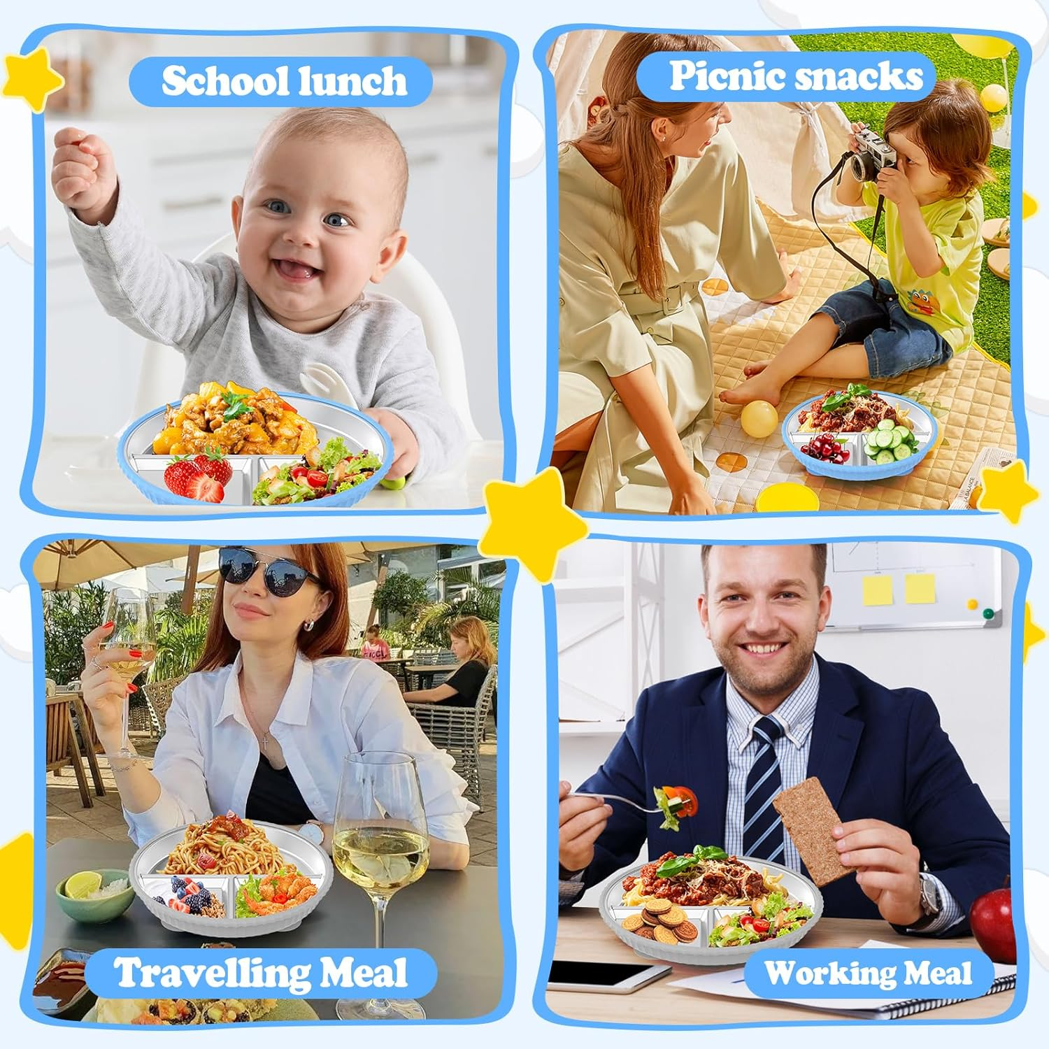 2 Pack Stainless Steel Kids Plates with Suction, 9&rdquo; Divided Toddler Plate with Nonslip Silicone Sleeve, Toddler Utensils Baby Feeding Set, Metal Snack Food Portion Platesfor Baby Led Weaning Supplies image number 3