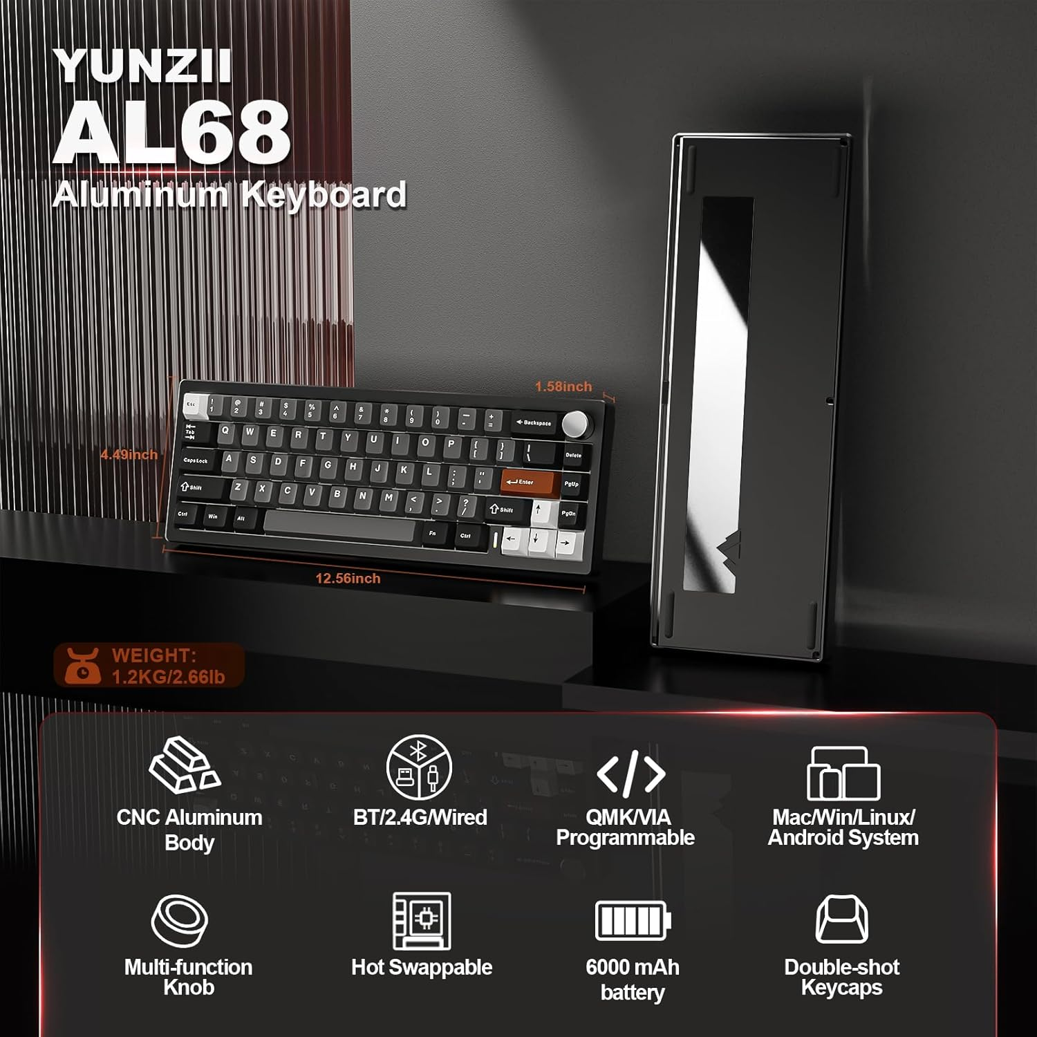 YUNZII AL68 Wireless Mechanical Keyboard 60%,QMK/VIA Aluminum Keyboard,Hot Swappable Custom Keyboard with Knob,Gasket Structure,Rgb Gaming Keyboard for Mac/Win/Linux (Black, Cocoa Cream V2 Switch)
