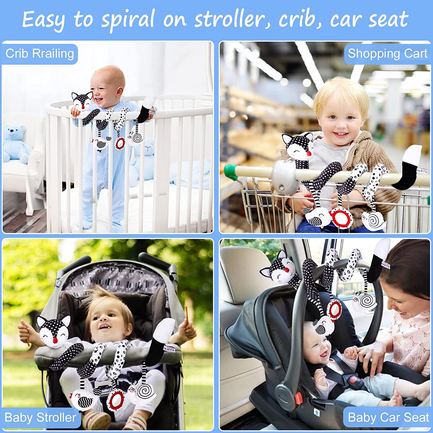Spiral Hanging Stroller Baby Toys : Newborn Hanging Spiral Activity Black and White Dangling High Contrast Toy Musical Wrap Sensory Babies Infant Toys for Car Seat Stroller Mobile Bassinet Pram image number 6