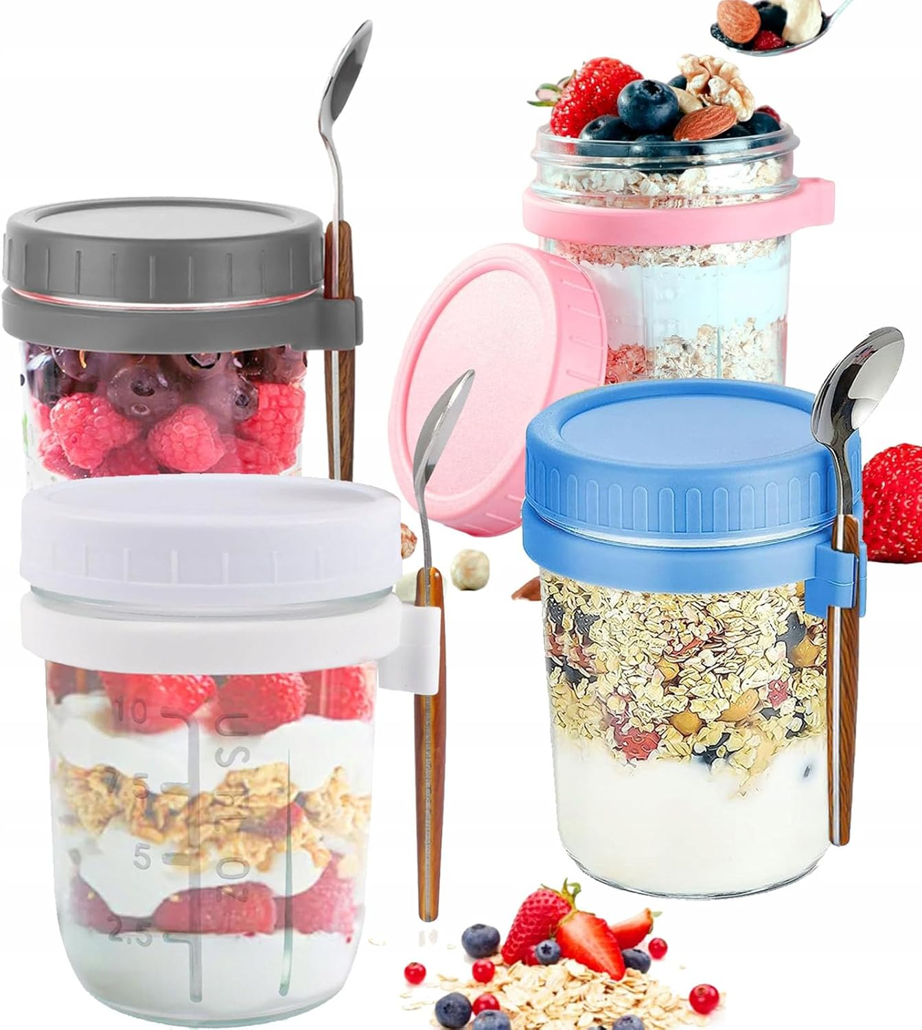 UPAUS 4 Pack Overnight Oats Containers with Lids and Spoons, 12Oz/350Ml Glass Mason Overnight Oats Jars, Leak Proof Oatmeal Container Meal Prep Jar for Cereal Fruit Vegetable Milk Salad Yogurt image number 1