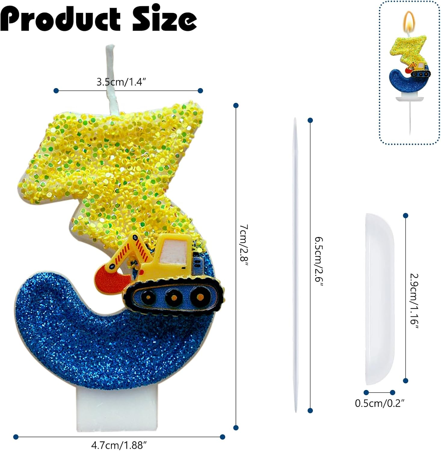 Number 3 Birthday Candles with Excavator Design - DIY Number Cake Decorations for Boys, for 3Rd Birthday Party image number 3