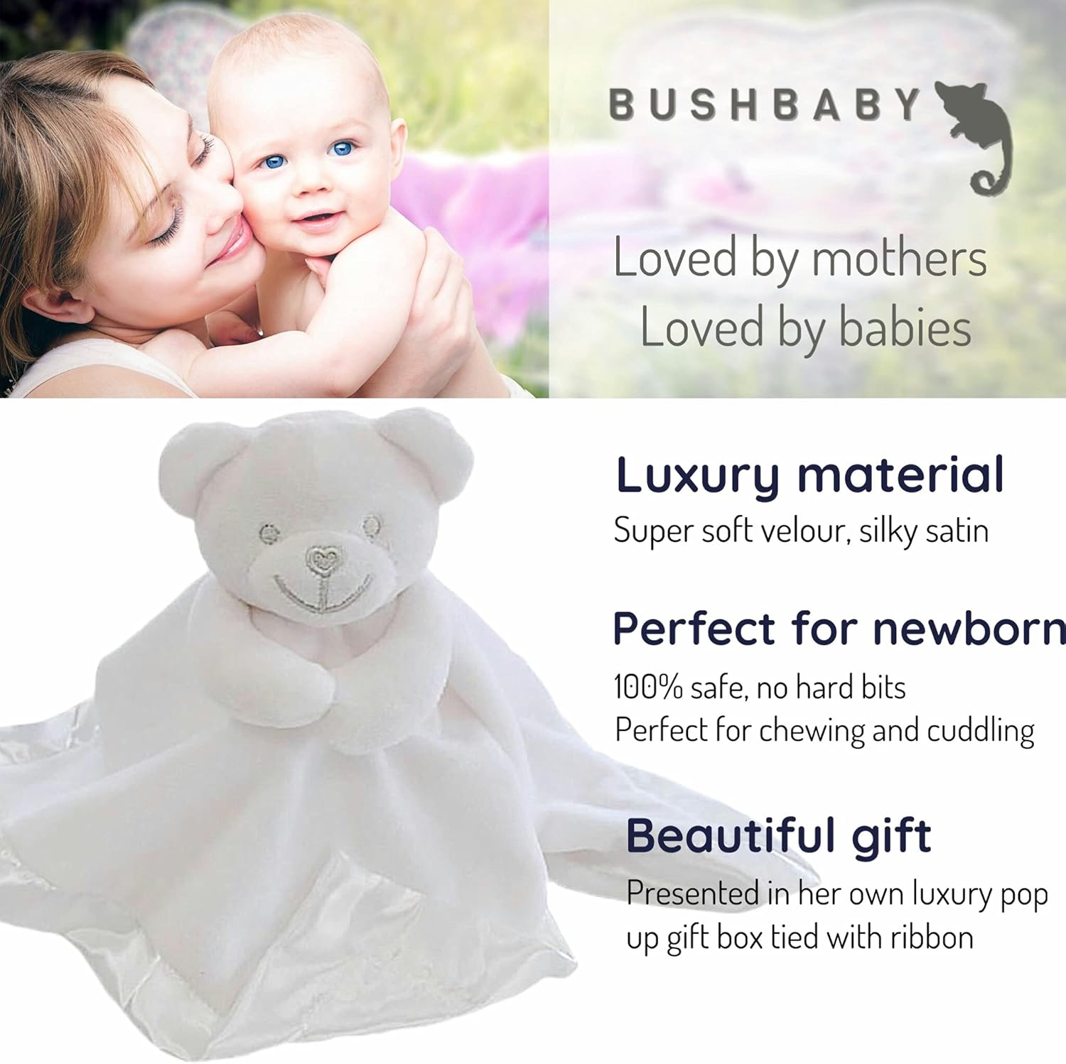BUSHBABY &lsquo;A New Star Is Born' New Baby Comforter Blanket in Gift Box, Plush Animal Teddy Bear Soft Toy for Newborn Girls Boys (Neutral/Unisex White)