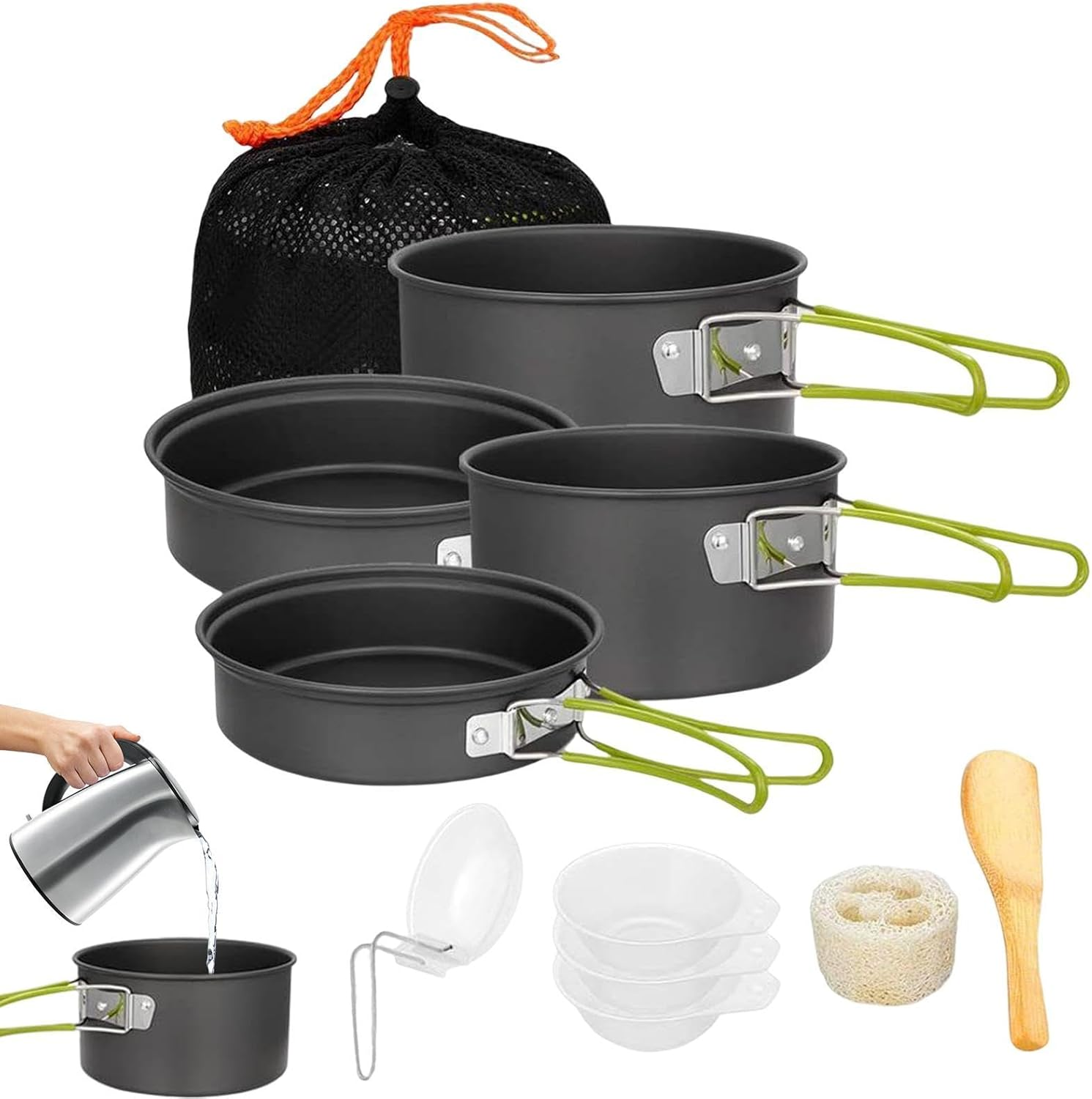 Outdoor Camping Pot Set - Camping Cookware Kit | Backpacking Cooking Pot and Pan | 10 Piece Set Outdoor Pots Pans, Camping Cookware Picnic Cooking Set for Backpacking Gear & Hiking Outdoors
