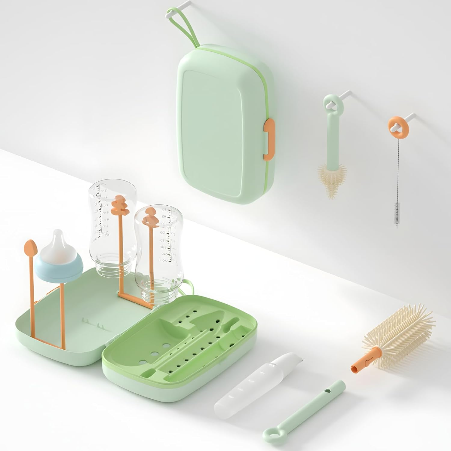 Travel Baby Bottle Brush Set with Portable Silicone Bottle Brush Nipple Cleaner Brush Straw Brush Soap Dispenser and Bottle Drying Rack (Green)