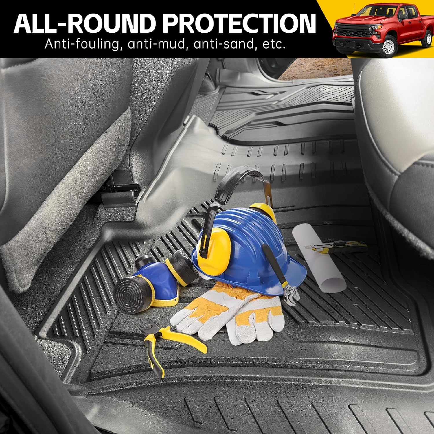 JTYZSM Truck Floor Mats for 2019-2025 Chevy Silverado/Gmc Sierra 1500 & 2020-2025 Silverado/Sierra 2500HD/3500HD Crew Cab, All-Weather Non-Slip Floor Liners(1St & 2Nd Row)