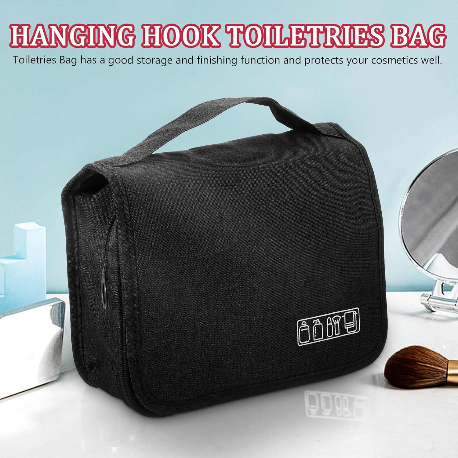 PHENOFICE Large Capacity Travel Hanging Toiletry Bag with Multiple Pockets and Hook, Compact Black Cosmetic Organizing Bag for Men and Women, Portable Zipper Makeup and Skincare Organizer image number 2