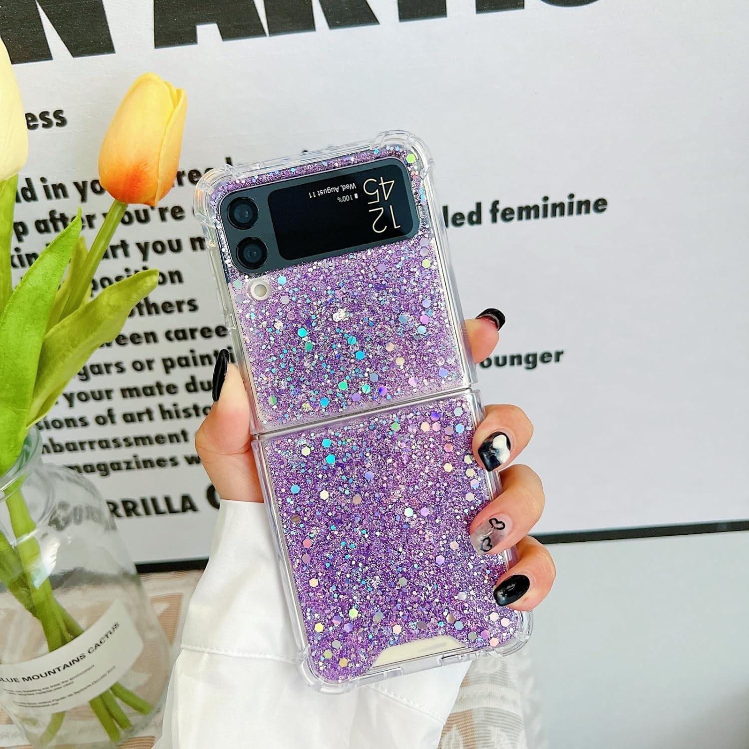 UEEBAI Case for Samsung Galaxy Z Flip 4 5G, Pretty Bling Glitter Case for Women Cute Shiny Sparkle Phone Case for Girls Bling Stars Cover Four Corner Shockproof Slim Fit Flip Case - Purple