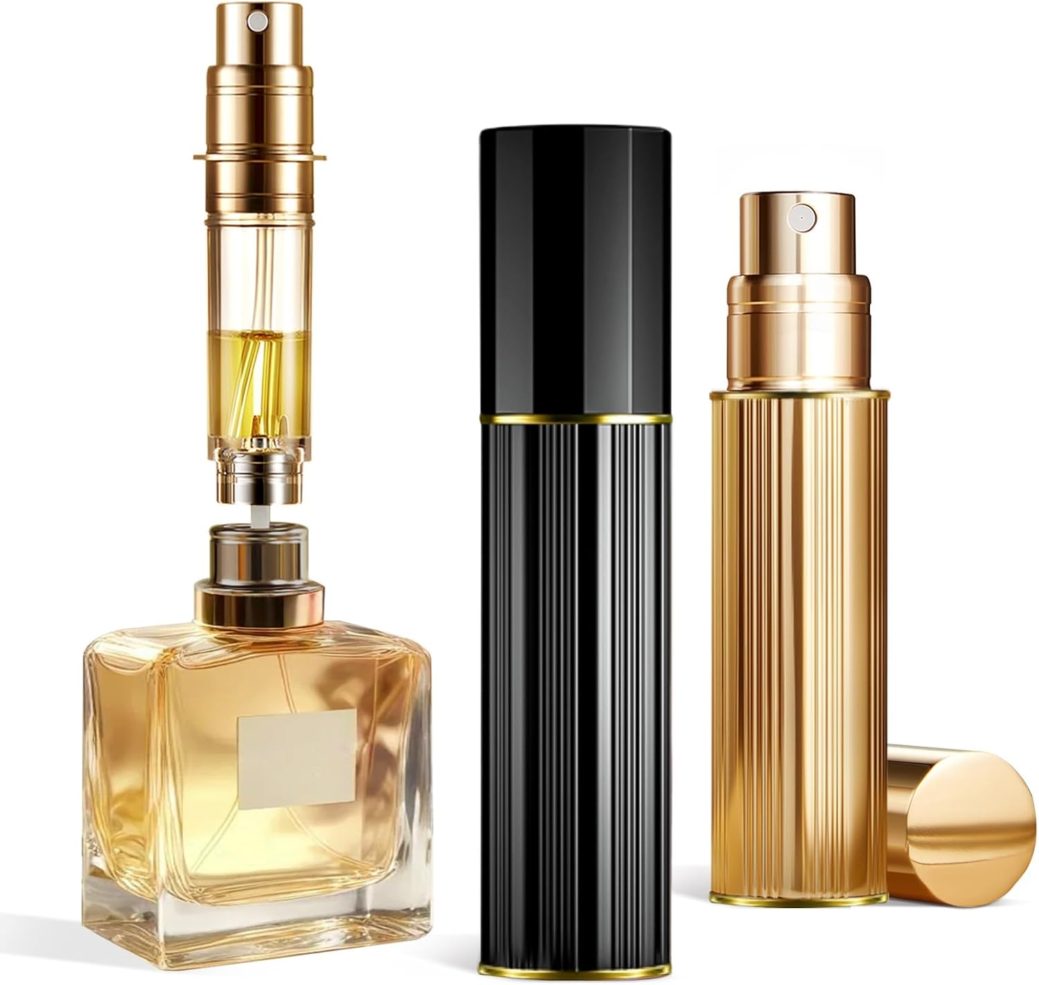 ASADAYS Portable Perfume Atomiser Refillable - 5Ml Empty Travel Spray Bottle, Nano Mist, Bottom Filling Mini Atomizer, Pocket Size Cologne Dispenser for Women and Men (Black & Gold, PA)