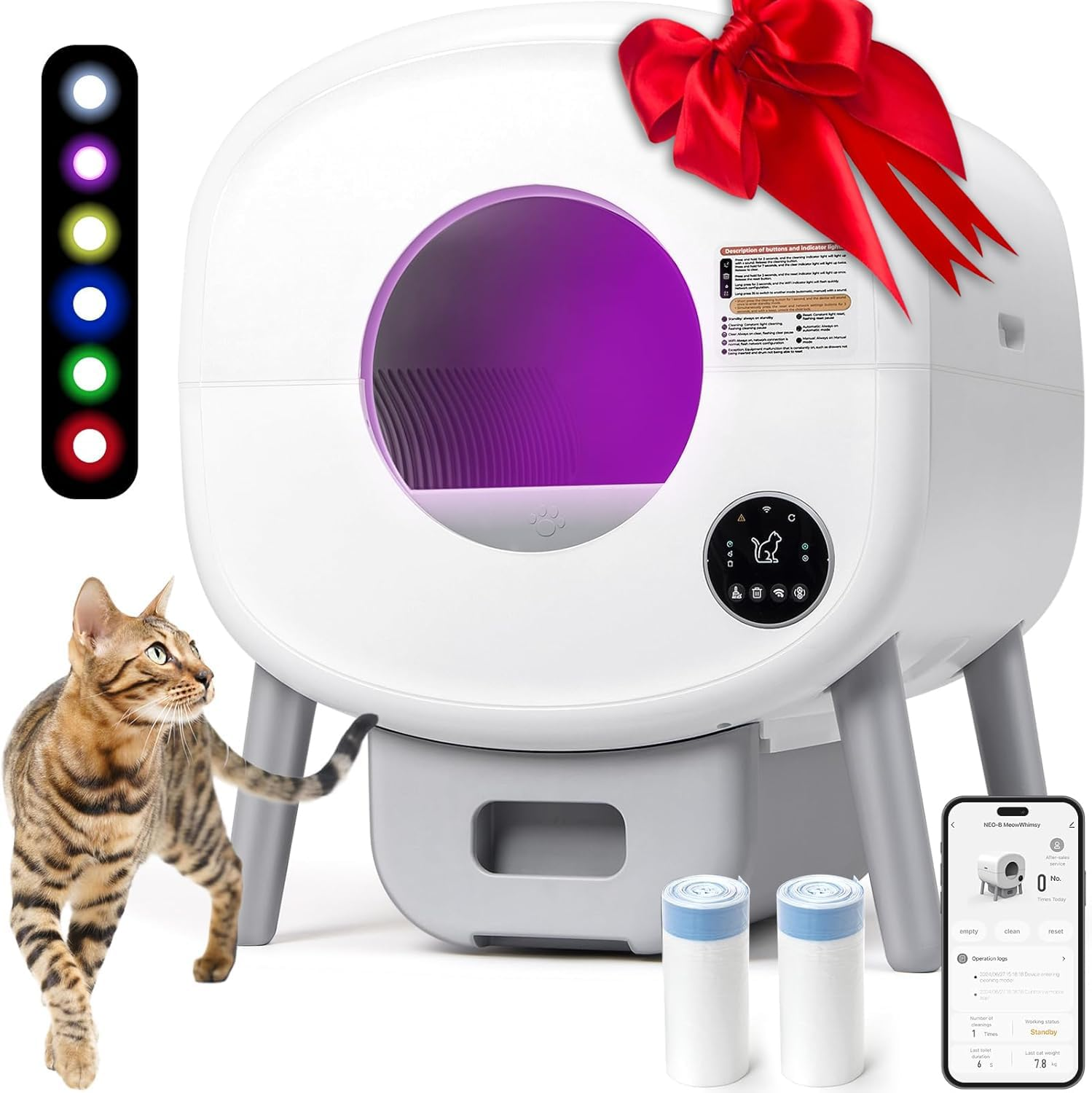 Pro Self Cleaning Litter Box - Automatic Cat Litter Box, 76L Interior & 13L Rubbish Bin, APP Control/Safety Protection/Efficient Cleaning/Odor Lock Design/Quiet Operation with 2 Trash Bags and Mat image number 4