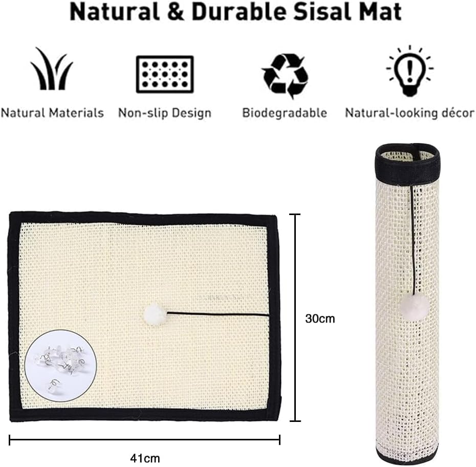 2 in 1 Use Cat Scratching Mat & Natural Sisal Fabric Sofa Shield Furniture Protector Pad, Durable & Washable Cat Scratcher Pad Cover with One Cute Ball for Sofa, Wall, Mattress image number 1