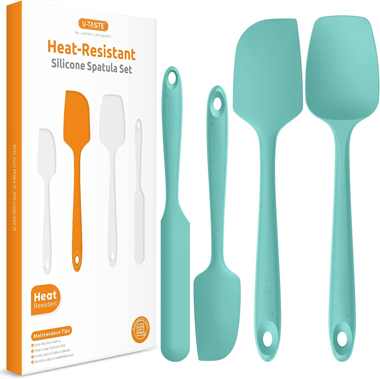315℃ Heat Resistant Silicone Spatula: U-Taste High Heat Proof Flexible Bpa-Free Non-Stick Bowl Scraper, Seamless Rubber Kitchen Utensils for Baking Cooking Mixing Cookware Set of 4 (Teal/Aqua Sky)