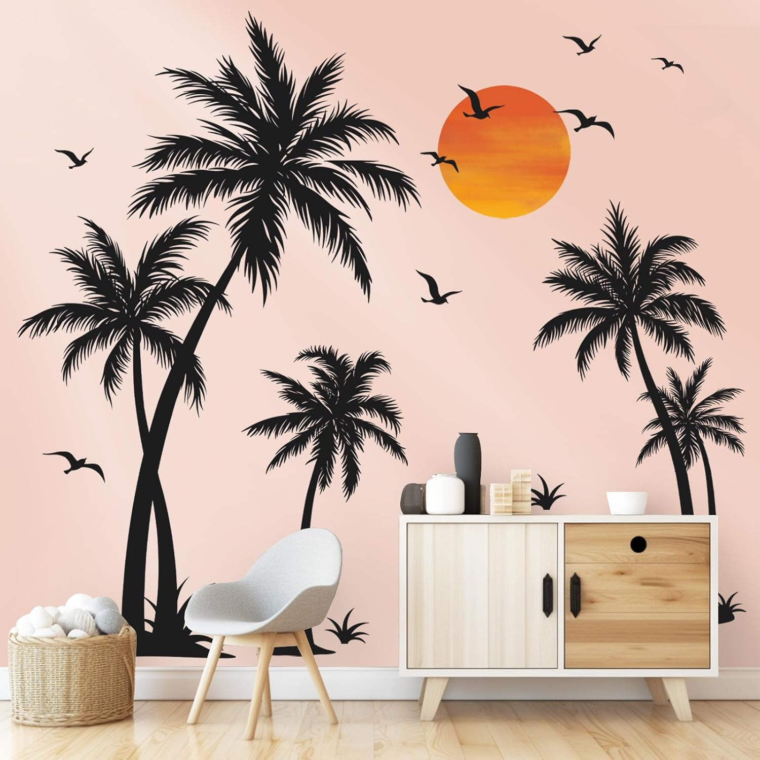 Wondever Large Black Palm Tree Wall Stickers Tropical Tree Plants Birds Peel and Stick Wall Art Decals for Living Room Bedroom TV Background (H: 53 Inch) image number 1