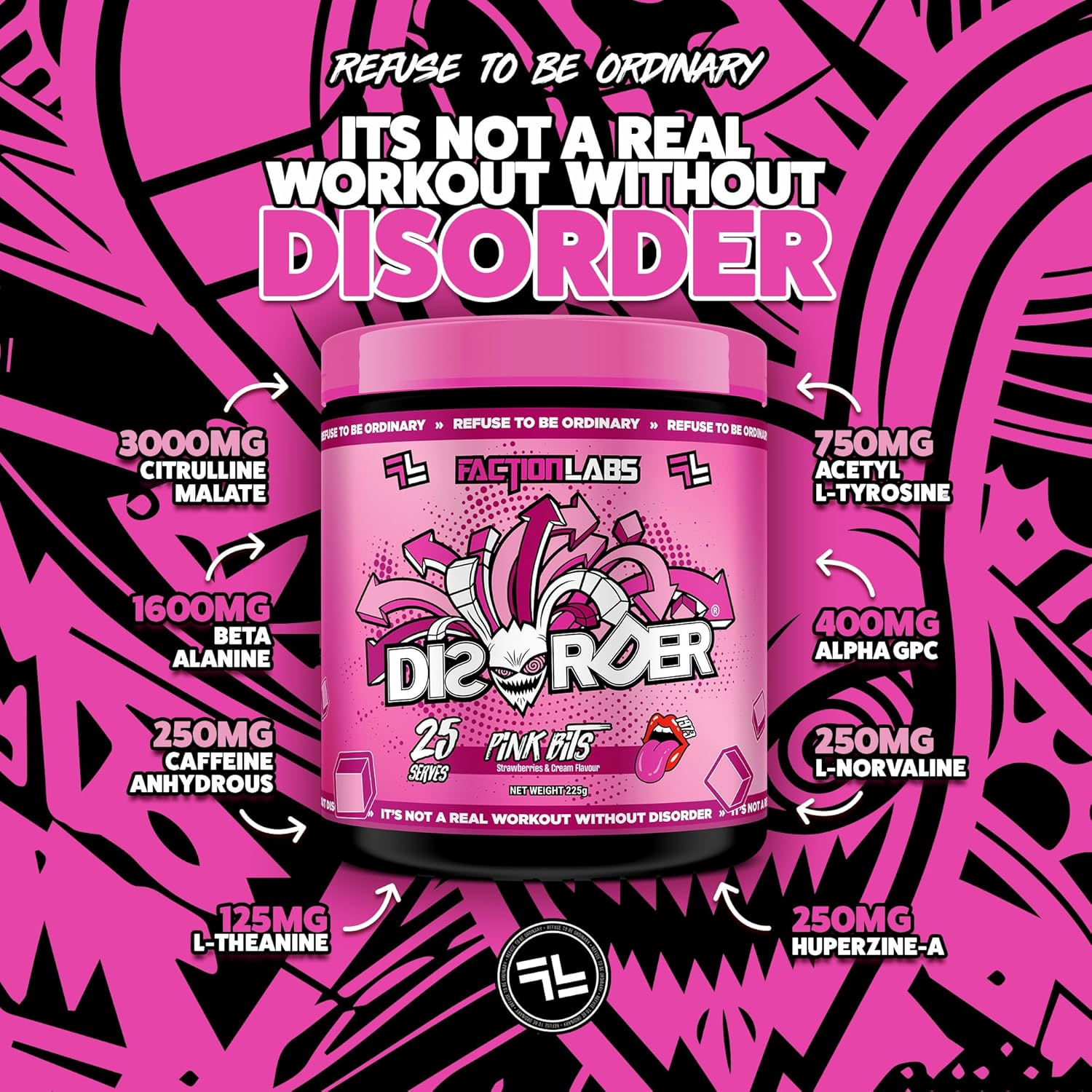 Faction Labs Disorder Original Pre Workout Powder, Pink Bits (Strawberries & Cream), Sugar Free Caffeinated Gym Supplement, 25 Serves, 225G image number 2