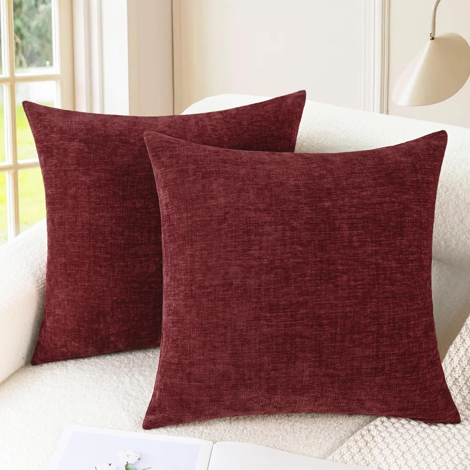 Pack of 2 Calitime Cozy Throw Pillow Covers Cases for Couch Sofa Home Decoration Solid Dyed Soft Chenille 18 X 18 Inches Burgundy image number 7