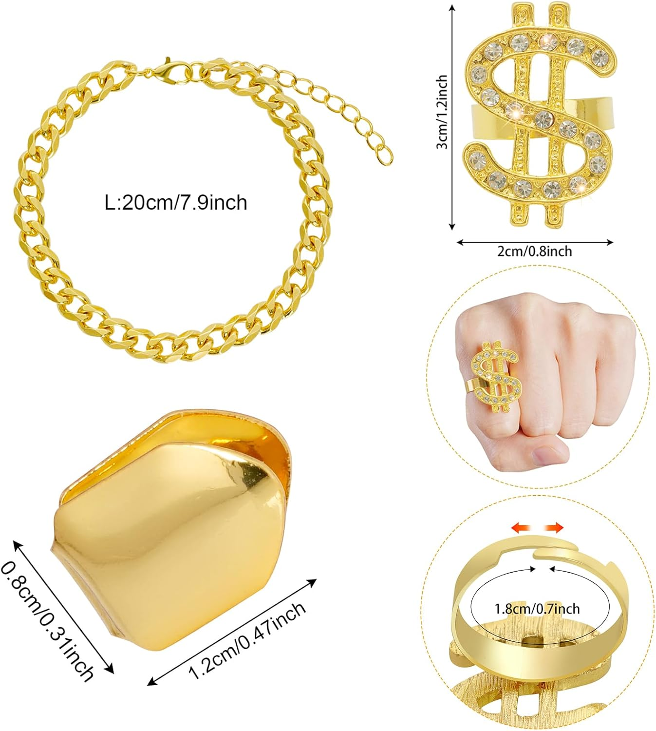 OJIOUI 6Pcs Hip Hop Costume Kit, 80S 90S Halloween Pyhot Hip Hop Costume Fake Gold Bracelet, Dollar Sign Necklace, Ring, Hippie Glasses, Gold Tooth, Rapper Accessories for Men Women image number 5