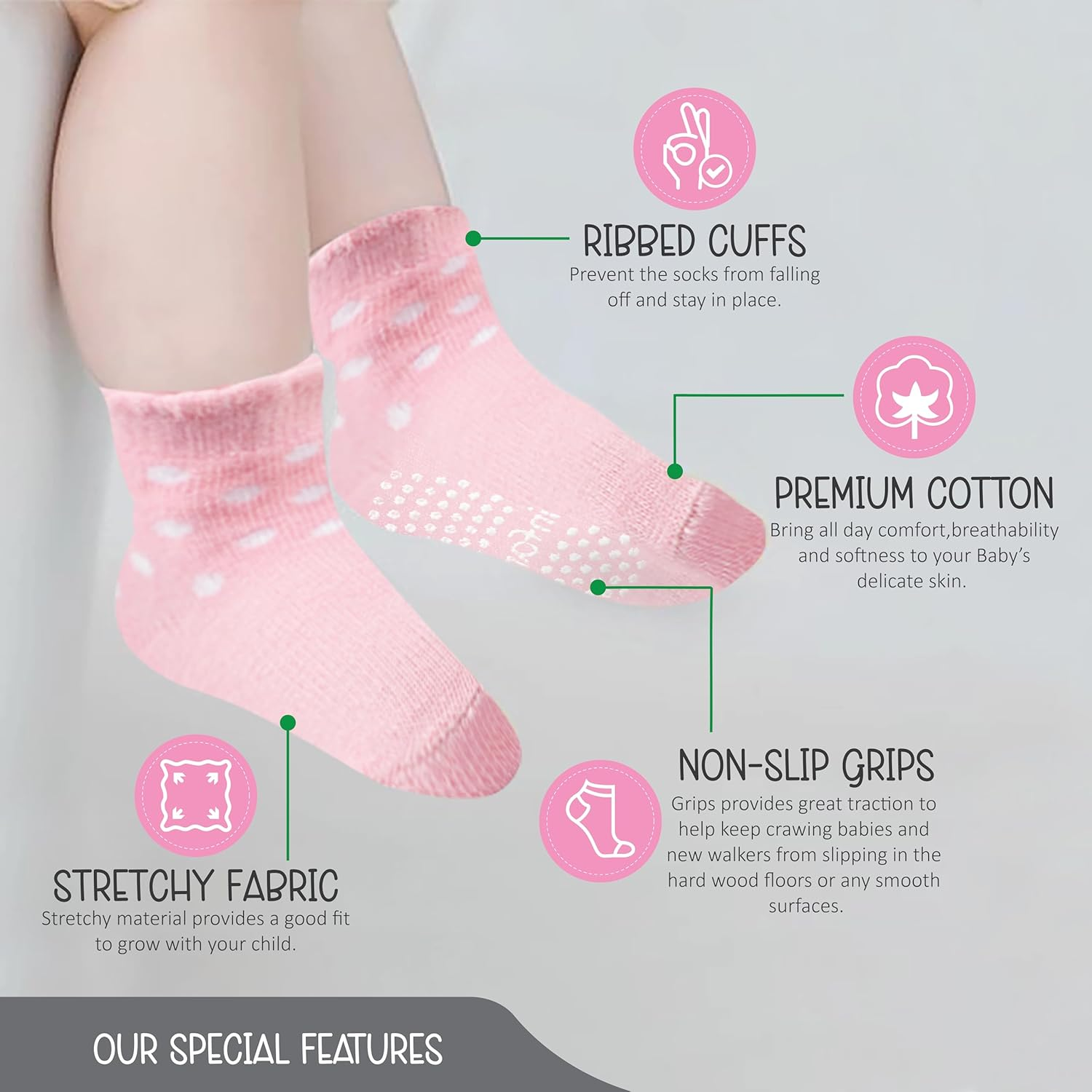 Baby Socks With/Gripper | Safe Walking Non-Slip Sole | Stay-In-Place Ribbed Cuffs Unisex image number 2