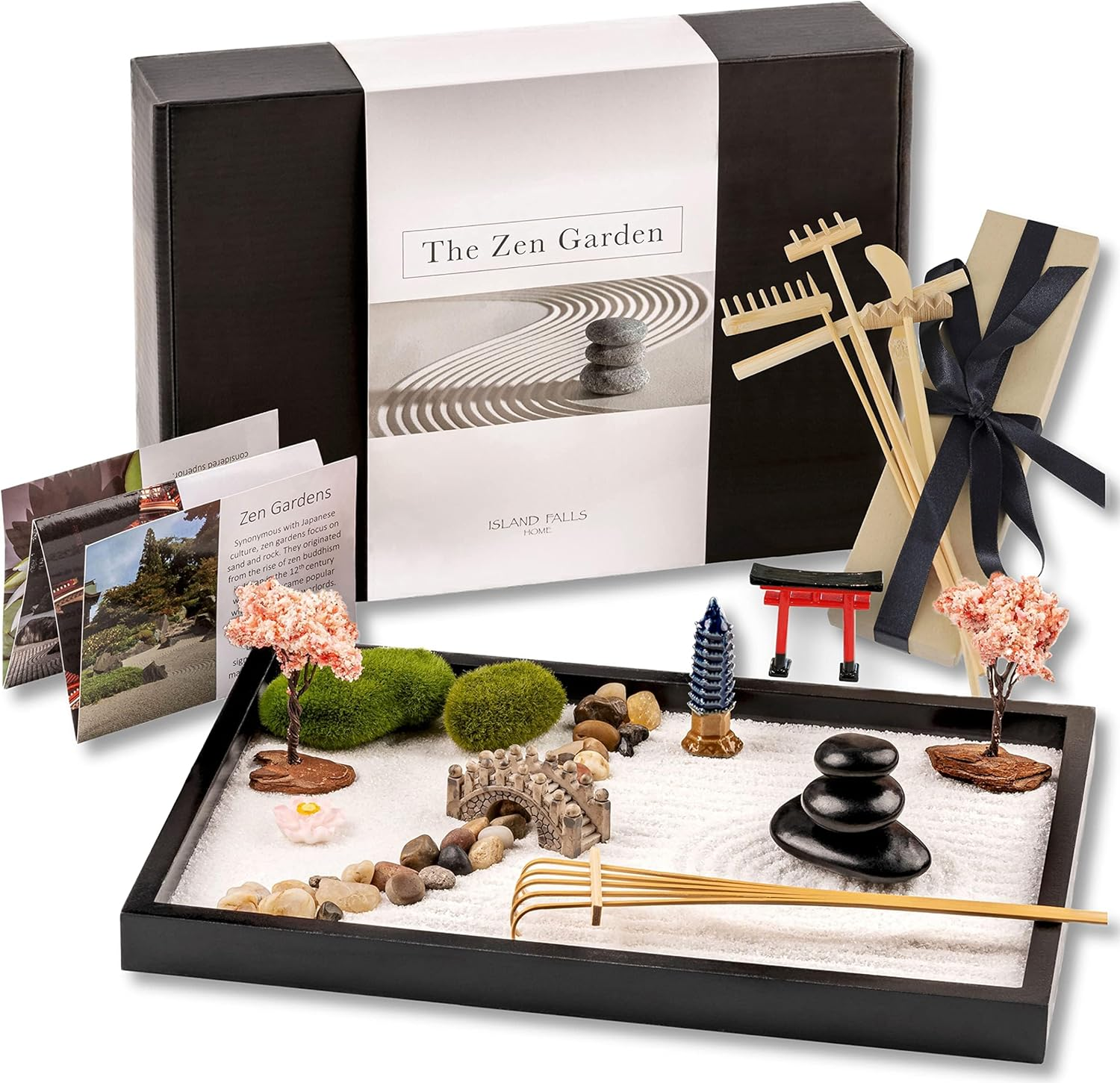 Island Falls Home Zen Garden Kit 11X8In. Beautiful Japanese Decor Mini Rock Feature Gift Set for Home, Office Desk. Zen Sand Garden, 6 Tools, 15 Accessories. Sand Tray Therapy Desktop Meditation Room image number 2