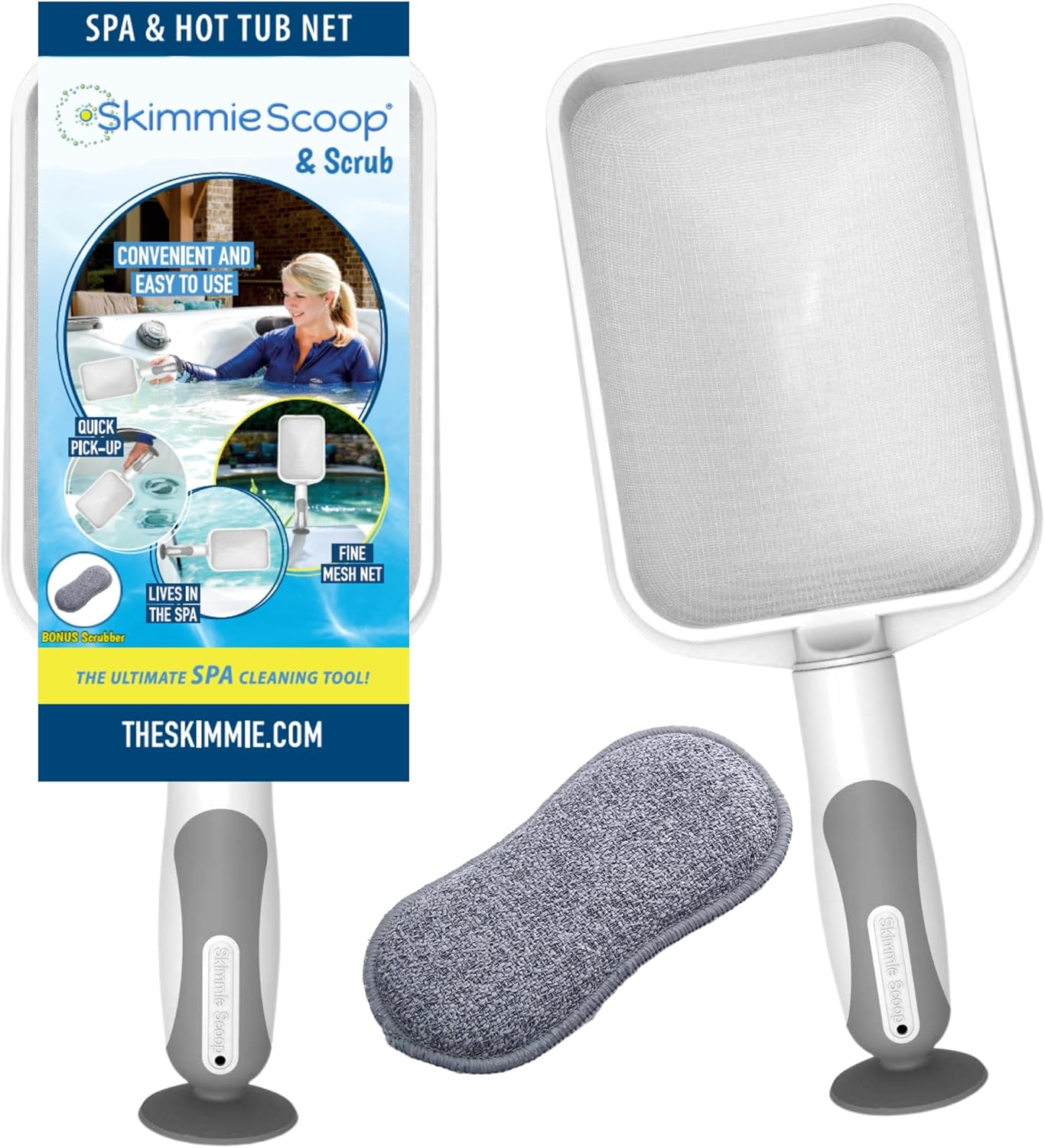 The Skimmie Scoop - Patented Handheld Skimmer with Fine Mesh Net for Spa, Hot Tub, Cold Plunge and Small Pool Cleaning - Lightweight and Durable with Powerful Suction Cup - Clean Out Filter (White) image number 1