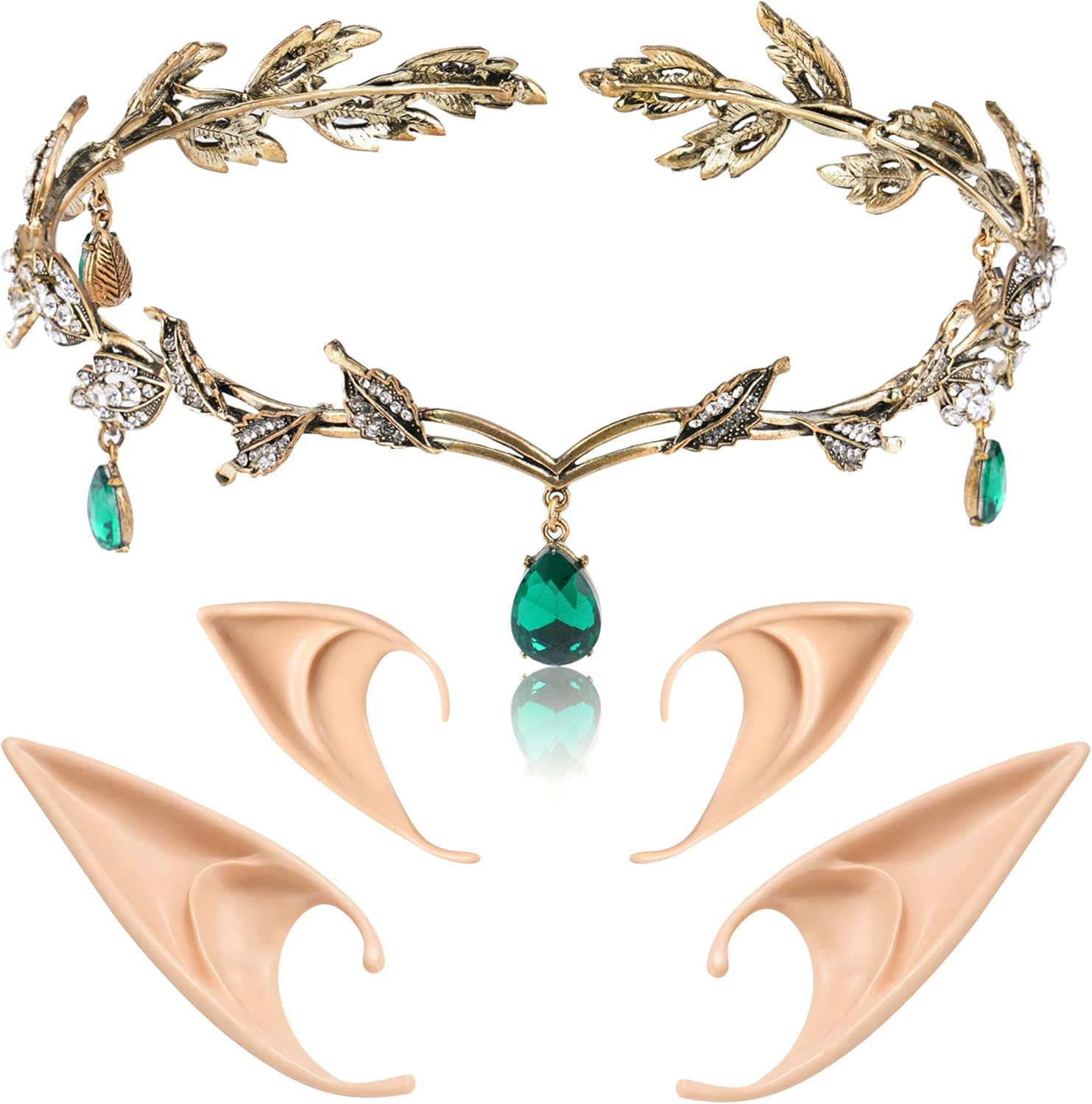 FRESHME Elf Ears with Fairy Crown Set Pixie Headpiece with 2 Pairs Fairy Ears Kit