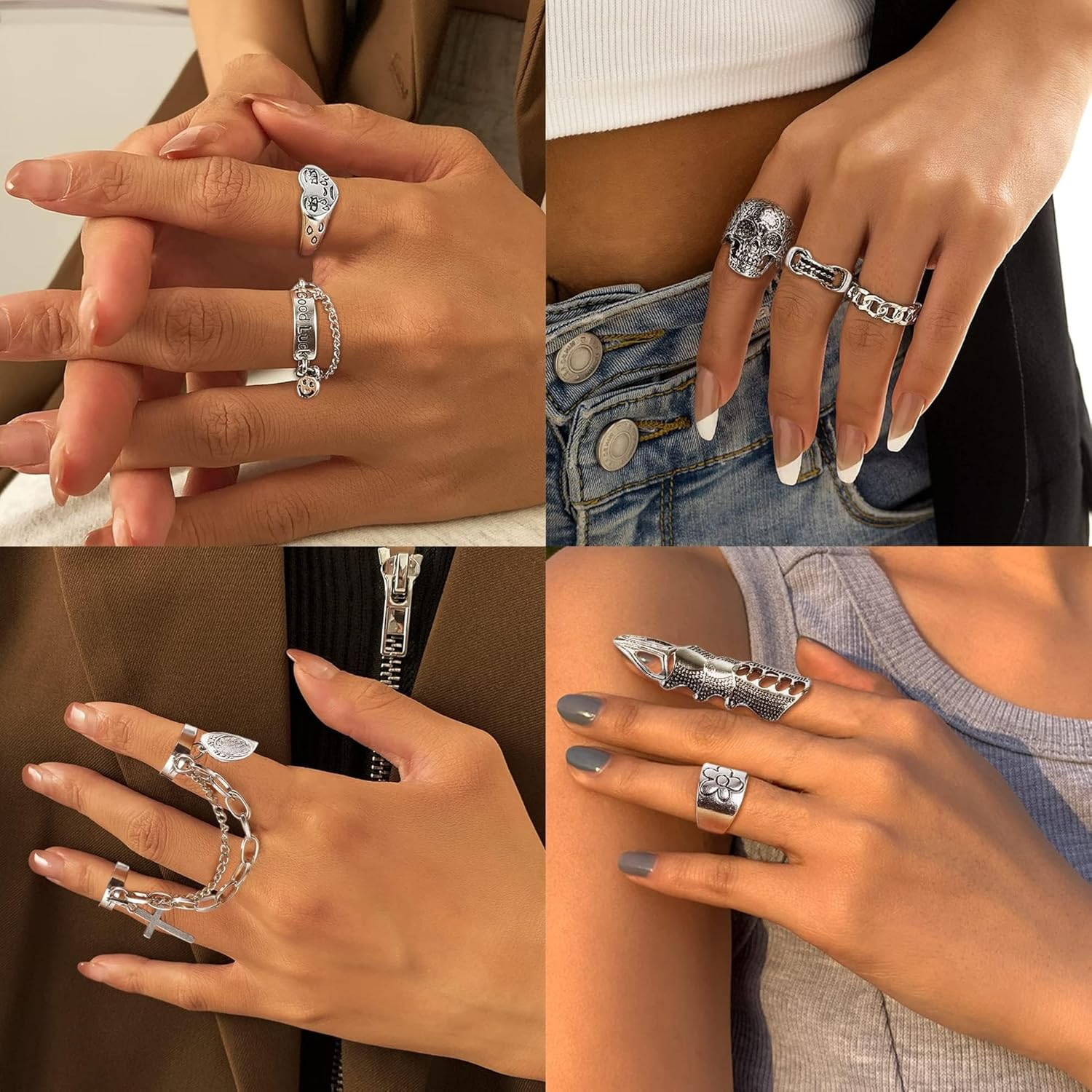 Sanfenly 49PCS Vintage Silver Punk Rings Knuckle Rings Set for Men Women Snake Cross Flower Chunky Rings Open Adjustable Goth Punk Hip Hop Cool Midi Stackable Rings Pack