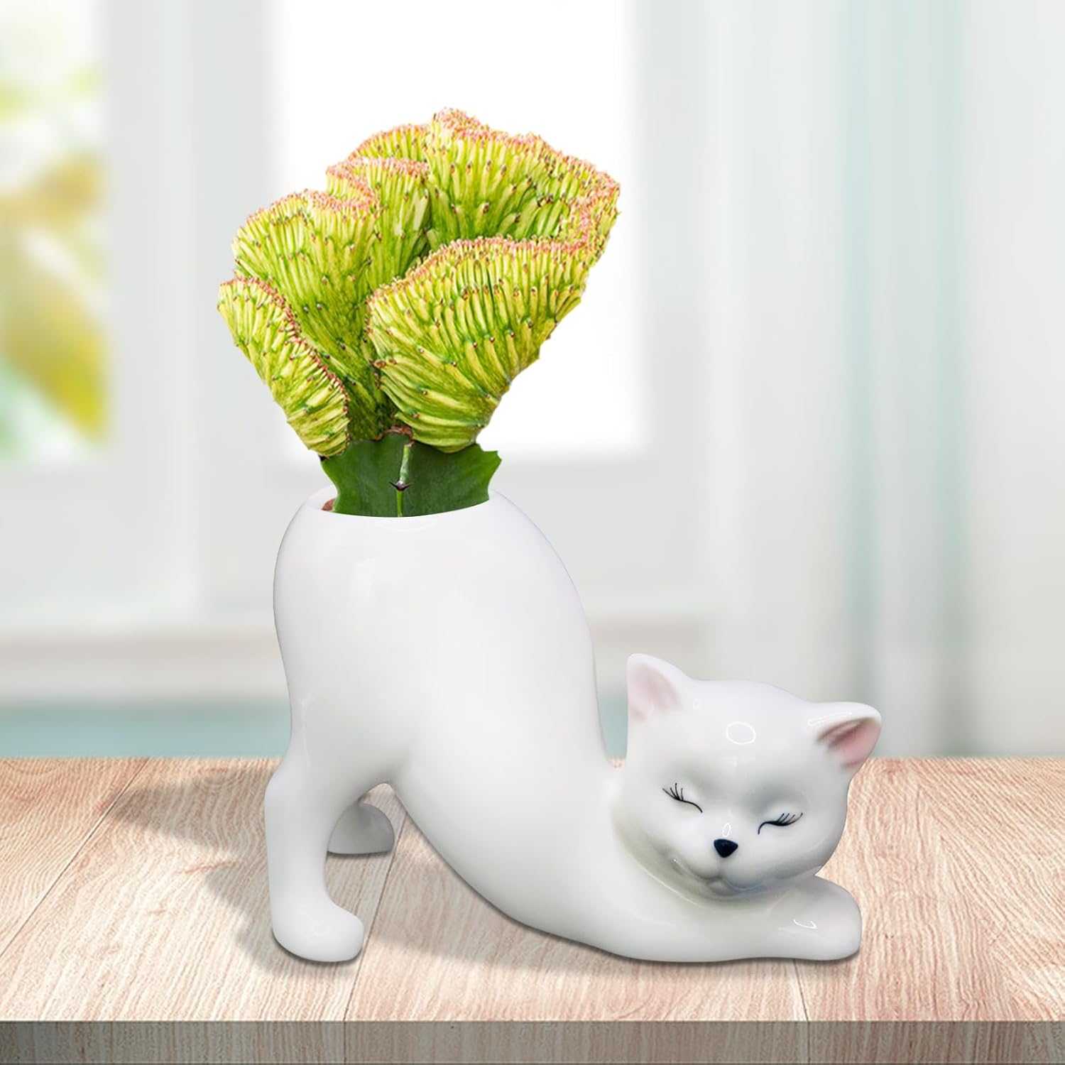 Tailless Cat Planter Pot, Unique Little Kitty Cactus Indoor Flower Pot, Ceramic Cute Animal Succulent Plant Pot, Novelty Flowerpot Ideal Gifts, Lovely Office Desk Room Home Decor (Pink)