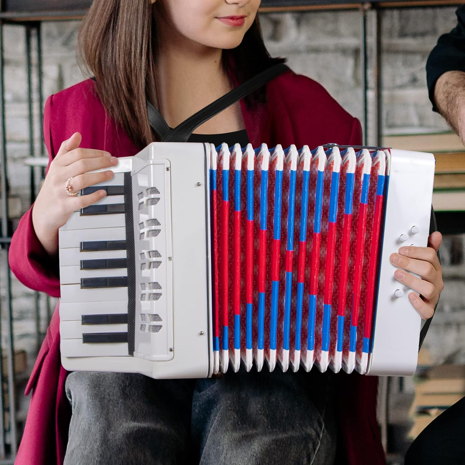 Accordion, 17 Keys Piano Accordion for Kids 8 Bass with Straps for Beginners Student Educational Musical Instrument (White) image number 3