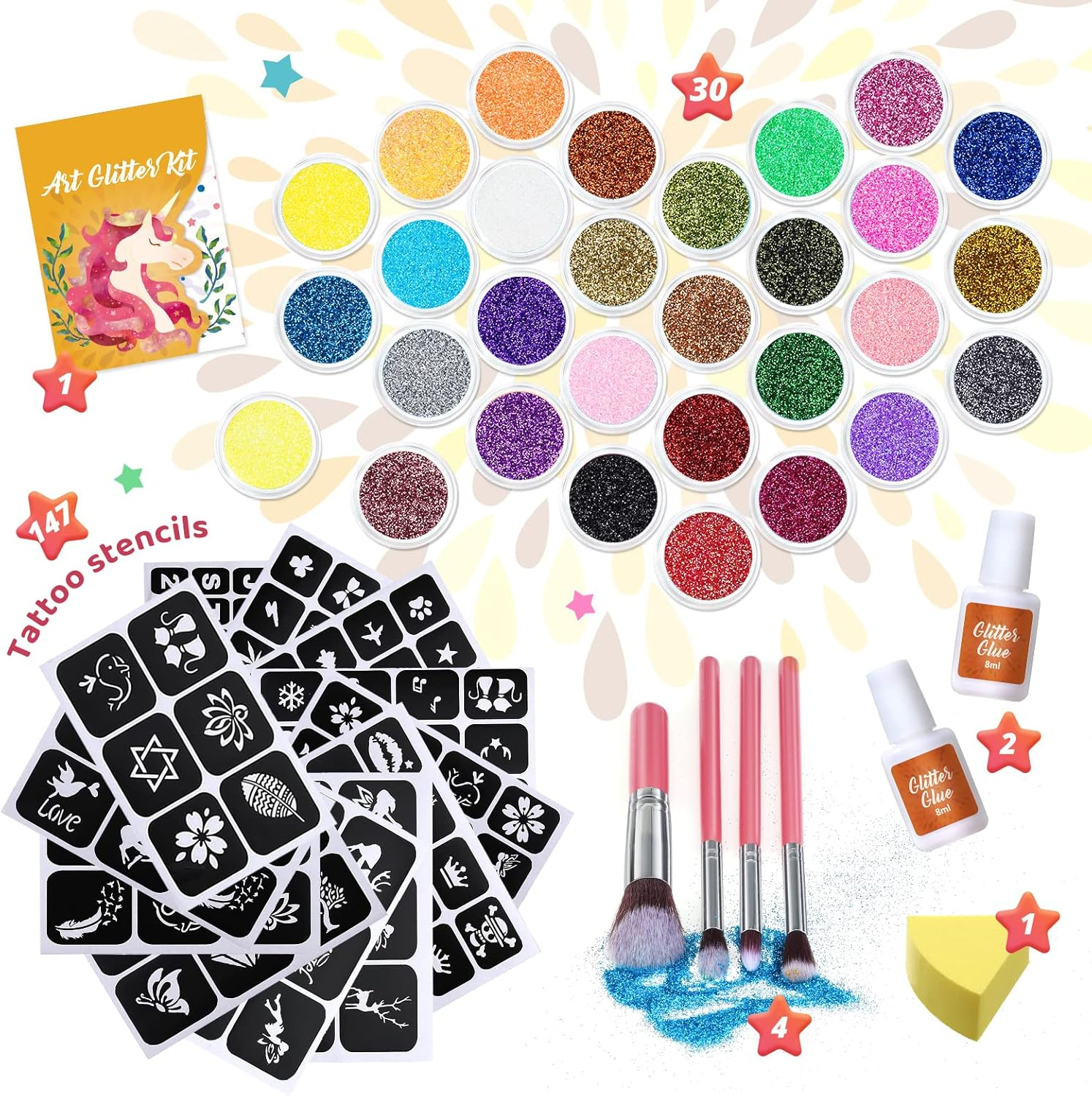 Glitter Tattoo Kit, Bledras 30 Colors Temporary Tattoo Set for Girls, 147 Stencils, 4 Brushes, 2 Glue, Glitter Tattoos for Kids or Adults, Gifts for Girls Boys, Halloween Birthday Festival Party