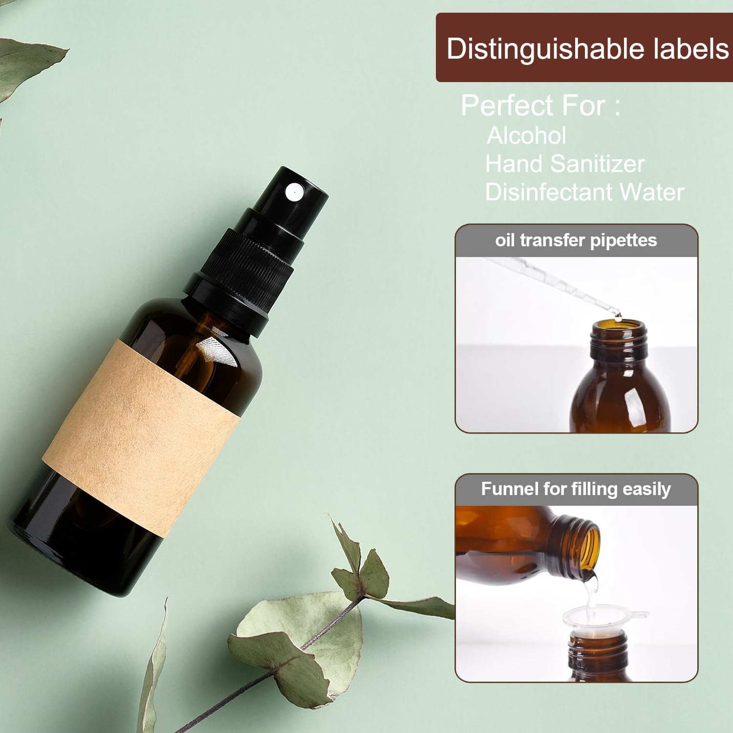 4 Oz Amber Glass Spray Bottles - Small Empty Fine Mist Spray Bottle for Essential Oil,Face - Mini Dark Spray Bottles With,Included 4 Sprinkler, 1Funnels,1 Droppers, 4 Labels image number 1