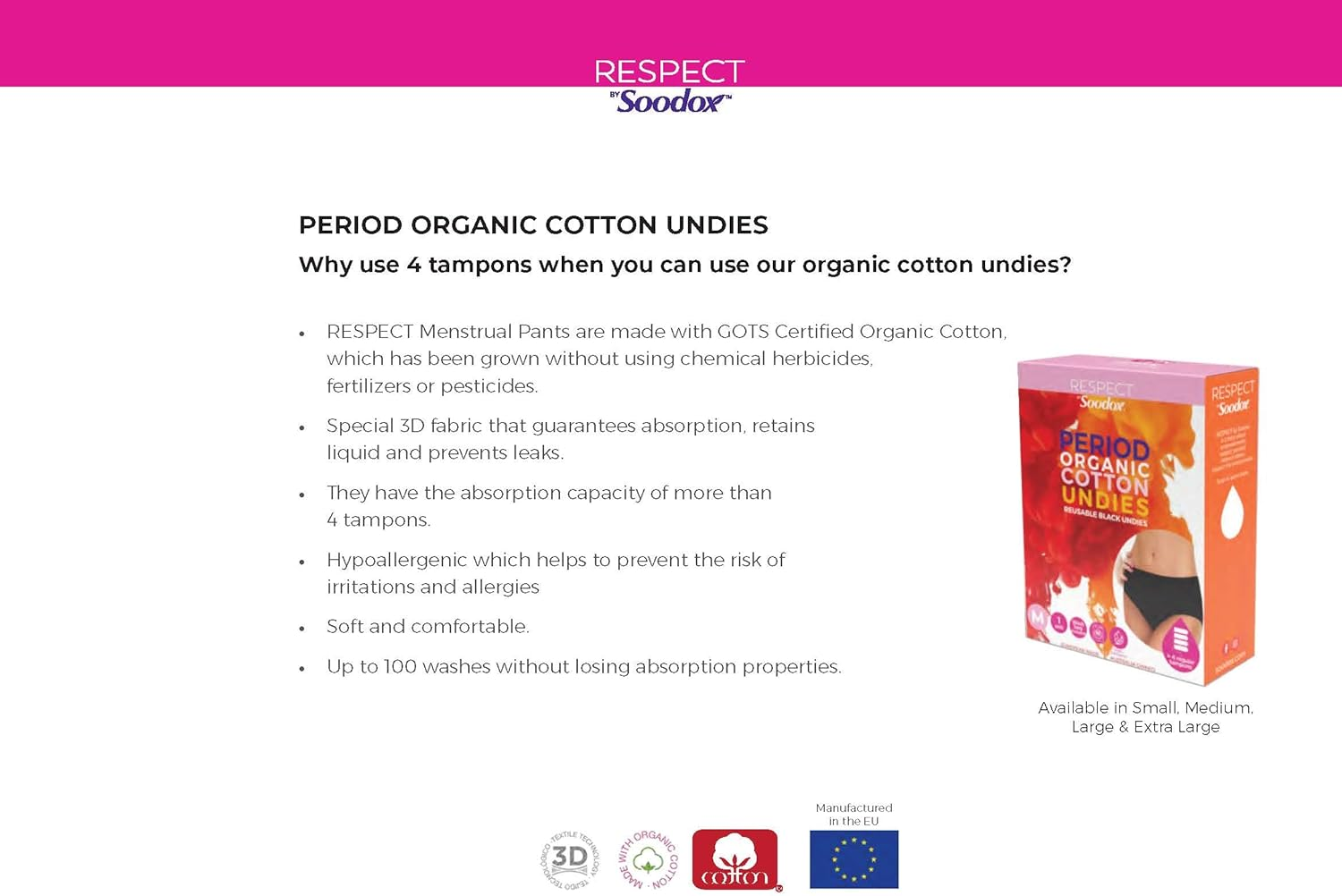 Soodox Respect Organic Cotton Period Undies | Reusable | Soft & Comfortable | up to 100 Washes | Washbag Included | High Absorbency (Medium) image number 1