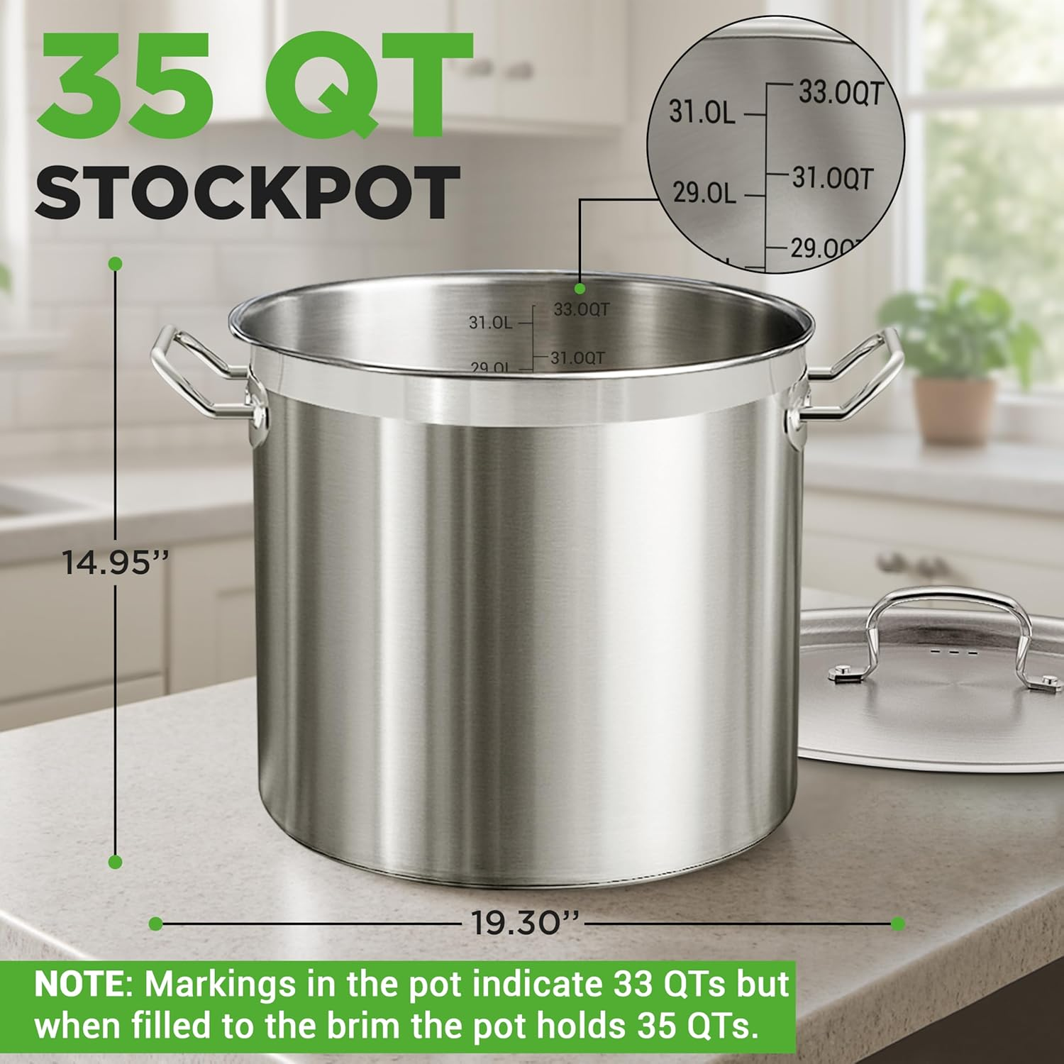 Stainless Steel Cookware Stockpot, 35 Quart Heavy Duty Induction Soup Pot with Stainless Steel Lid and Strong Riveted Handles, Even Heat Distribution, Compatible with Most Cooktops image number 2