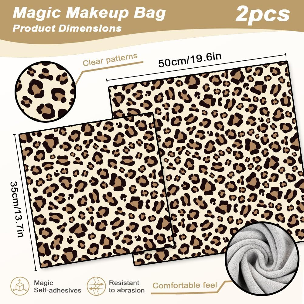 Doodlream 2 Sheets Self-Adhesive Magic Cloth Leopard Travel Makeup Bag Organizer & Scratch-Resistant Camera Lens Protective Wrap, Reusable Portable Cosmetic Pouch (50X50Cm/35X35Cm), Leopard image number 3