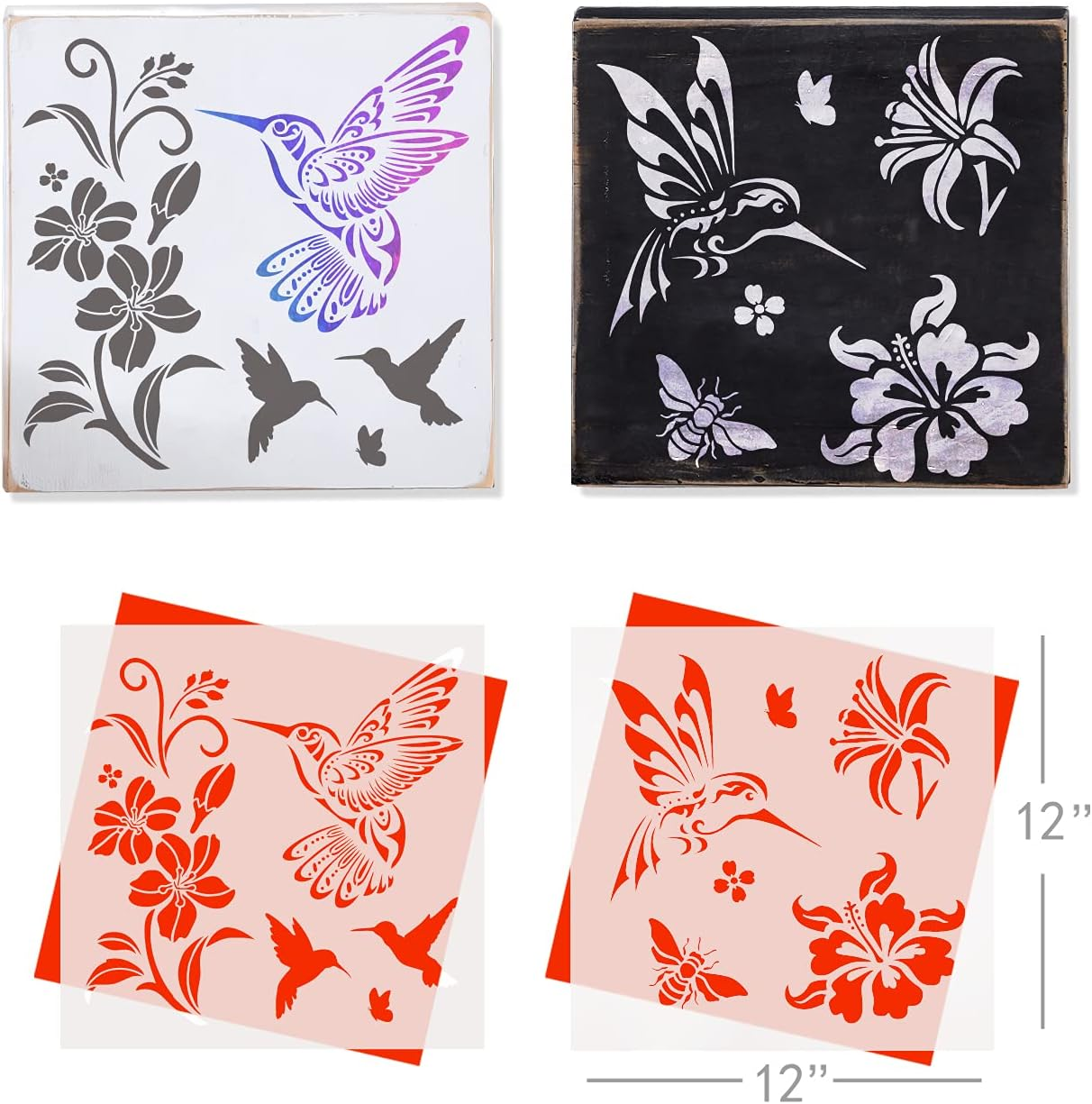 GSS Designs Hummingbird Stencils for Painting (2 Pack) - Bird Floral Flower Bee Stencils for Painting on Wood Canvas Walls and DIY Craft Projects - Reusable Hibiscus Flower Stencil (12" X 12") image number 3